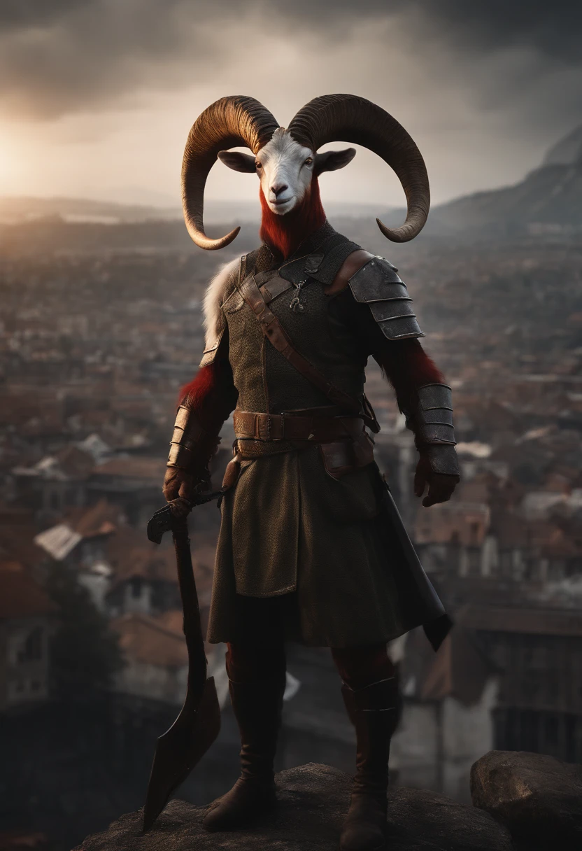 Goat-faced demon ,Wear military uniforms,Pick up the axe,red - eyed,unholy,Fierce,rampage ,Stand at the highest part of the city,Observe the city,Behind is the Demon Legion,Epic war fantasy digital art,tmasterpiece,high qulity,8K,UHD resolution,Detailed detail drawing,realisticlying,Very realistic,Cinematic light,an award winning photograph, author:Lee Jeffries Nikon D850 Film Stock Photo 4 Kodaport 400 Camera F1.6 lens rich colors hyper realistic lifelike texture dramatic lighting unrealengine trending on artstation cinestill 800,