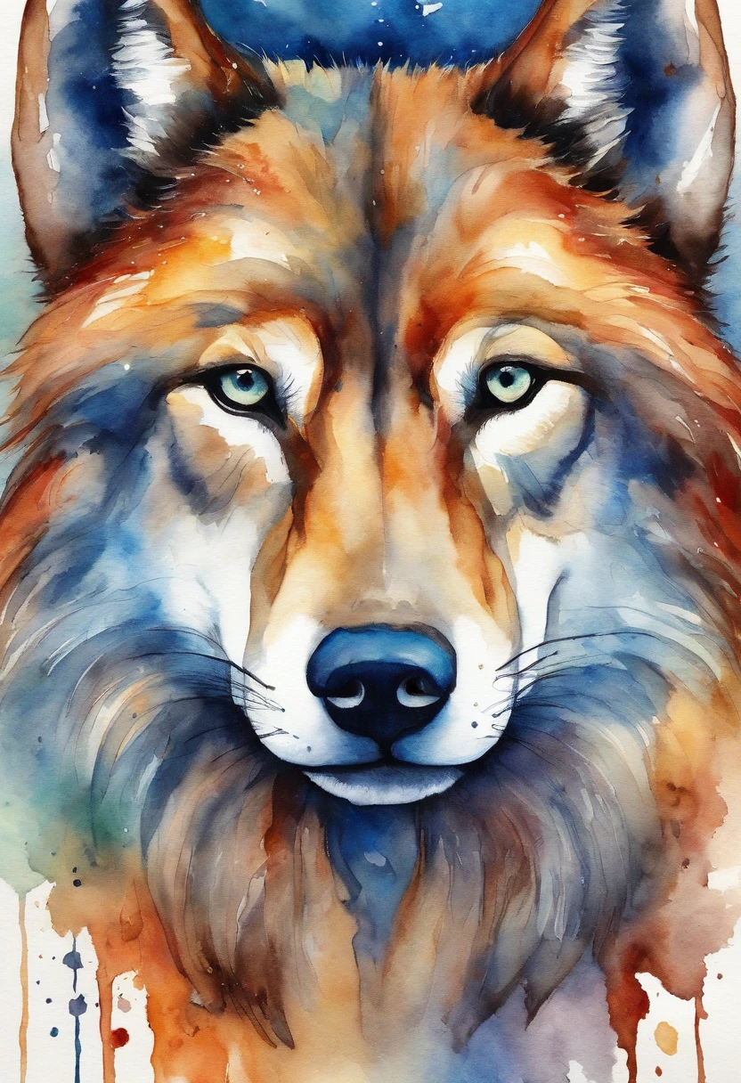 uma pintura de um lobo colorida em um fundo branco, breathtaking rendering, inside a radiant connection, inspirada em Kinuko Y. Craft,, Magical Elements, Wolf icon, uau, it's beautiful, casting a multi blue spell