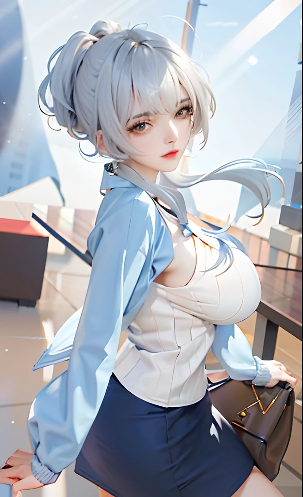 RAW, 1girl, solo, colorful, (masterpiece, best quality:1.3), (absurdres:1.3),   walking, holding Luxury handbag,  
(detailed skin:1.3, detailed face:1.3), from above,  looking at viewer, 
sharp focus, delicate, (korean beauty, korean mixed:1.3), (mature female:1.2), 
(huge breasts:1.4, thick thighs:1.2, narrow :1.1),  light smile, 
(big_eyes:1.2, brown_eyes), blue_eyeshadow, pink lips, 
(straight hair), looking at viewer, (thin gray v-neck long midi dress:1.2),
park, english text, day, (sunlight on face:1.5), open_blazer,