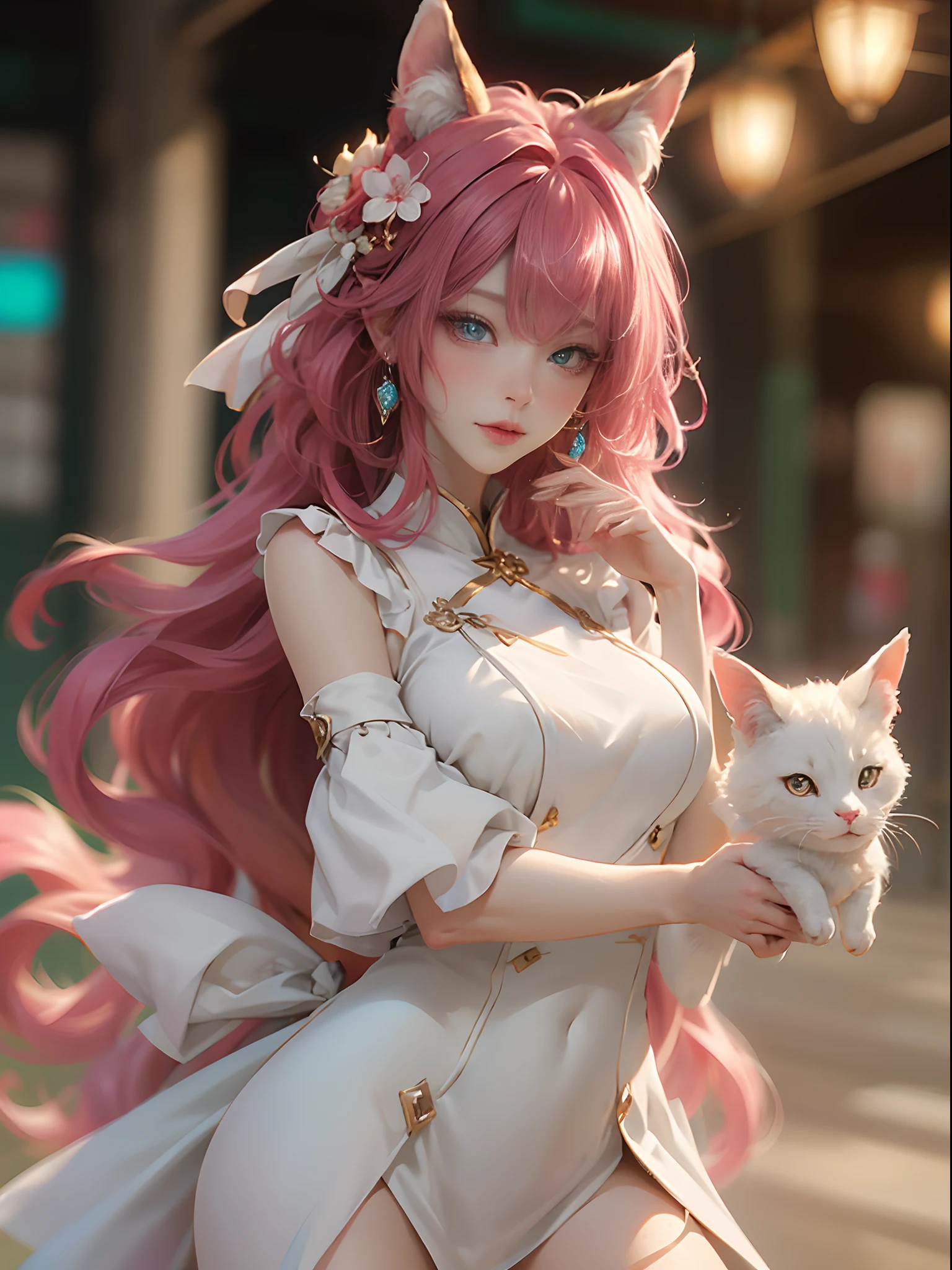 ((best qualtiy)), ((tmasterpiece)), (detail:1.4), Beautiful cyberpunk female images,hdr(HighDynamicRange),Ray traching,NVIDIA RTX,Hyper-Resolution,illusory 5,sub surface scattering,PBR textures,post-proces,Anisotropy Filtering,depth of fields,maximum definition and sharpness,Many-Layer Textures,Albedo e mapas Speculares,Surface coloring,Mitsu-Accurate simulation of material interactions,perfectly proportioned,rendering by octane,Two-colored light,largeaperture,Low ISO,White balance,Rule three points、8K raw data、Beautiful bright blue pupils,off-the-shoulder clothes,Fine pupils,Delicate face and eyes,long eyelasher,Blushlush,Delicate and fluffy hair,pink lip,Pure,Cute face,Sweet girl,Artistic sense,Casual wear,Advancedsense,butterflys,Cherry blossom petal,Beautiful hair accessories,Long hair and waist,Hair fluttering in the wind,Snow-white fox ears,curlies,Snow-white fluffy tail,Positive light,The light from the back window is backlighted