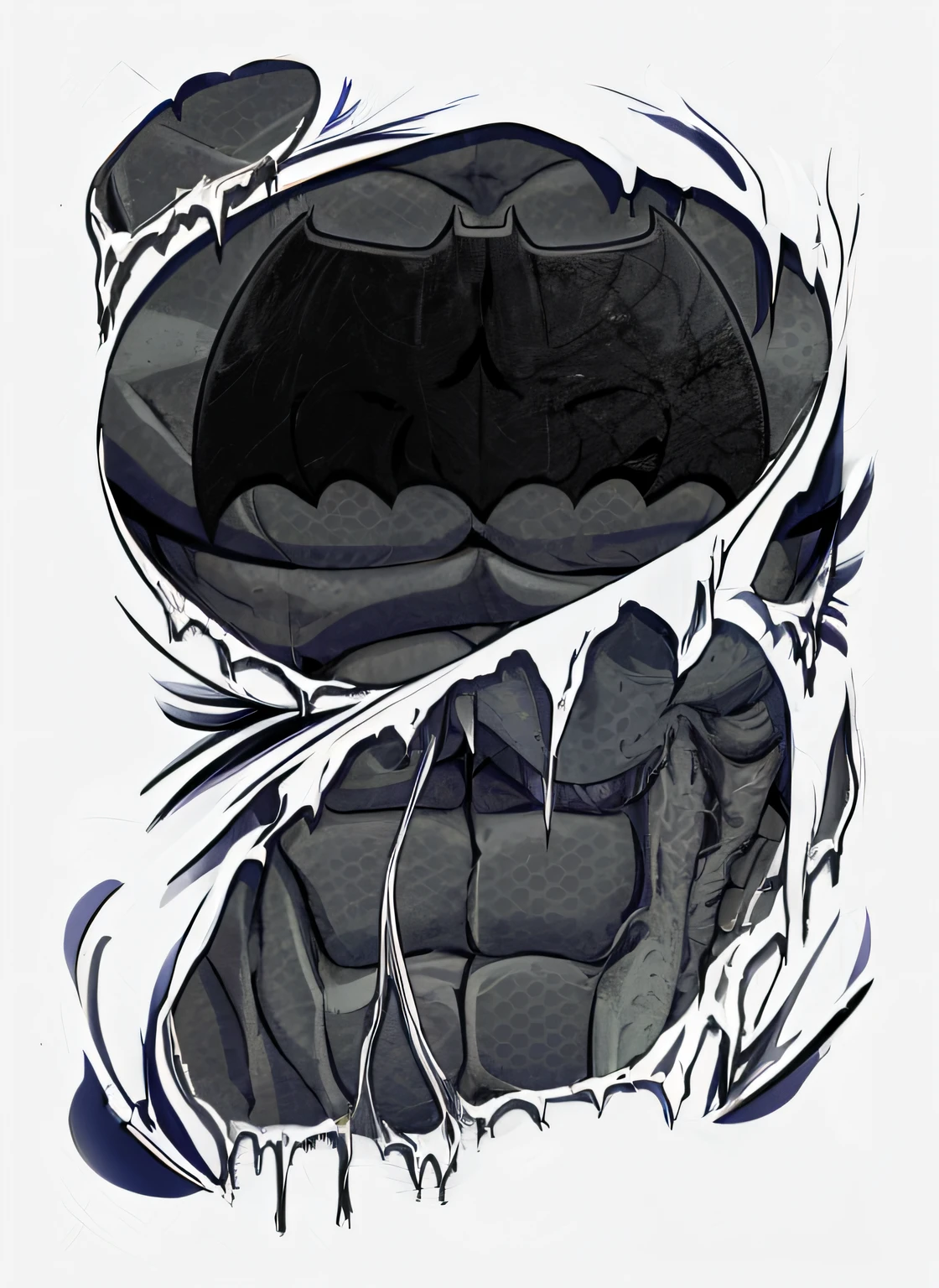There is a drawing of the mouth of a monster with a large claw, backmouth altamente detalhado, Camiseta do Batman, Batman como um zumbi!!!!!!!, Ultra instinto, boca detalhada, Nos quadrinhos do Batman, Retrato do Batman, Babando, Batman como um zumbi!!!, presas de veneno, Batman como um zumbi, Batman irritado, cara de anime raivoso altamente detalhado, biting lip