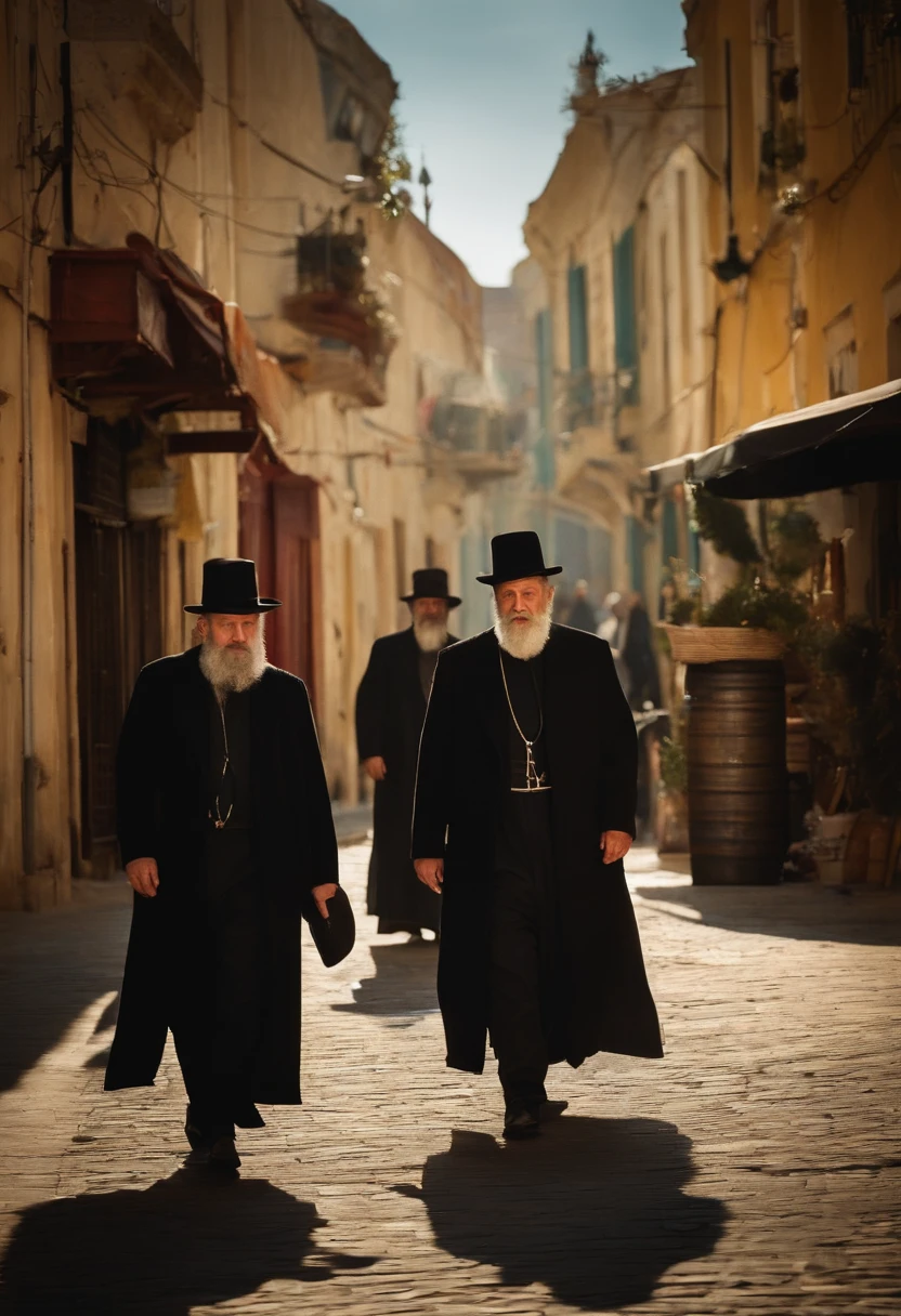 make an image of orthodox jews, in a jewish town on a sunny day, (focusing on the faces of the characters)