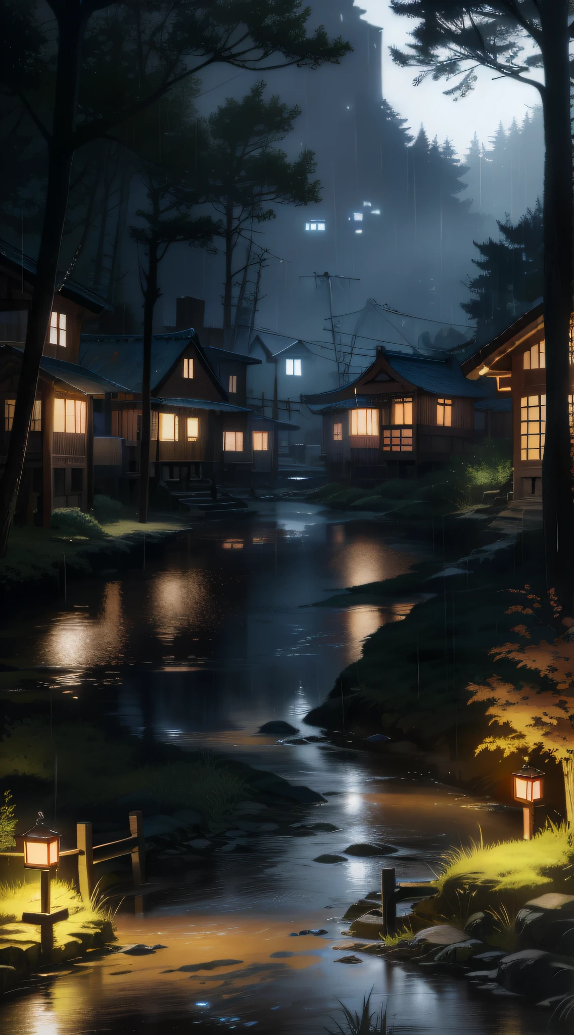 Night view of a small town,A small stream flows through it, village in the woods, nightime village background, realistic photo of a town, hideen village in the forest, villages , illusory engine, 4k concept art and hyper realism, night time render, photorealistic dark concept art, Japanese village, rainy days. game render, akihiko yoshida. illusory engine