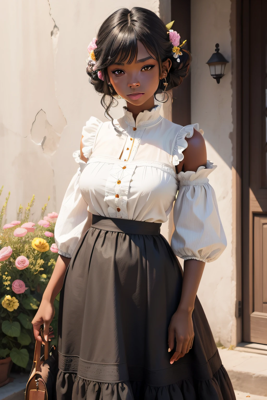 create image of black woman and delicate peasant style with flowers and colors in pastel tones