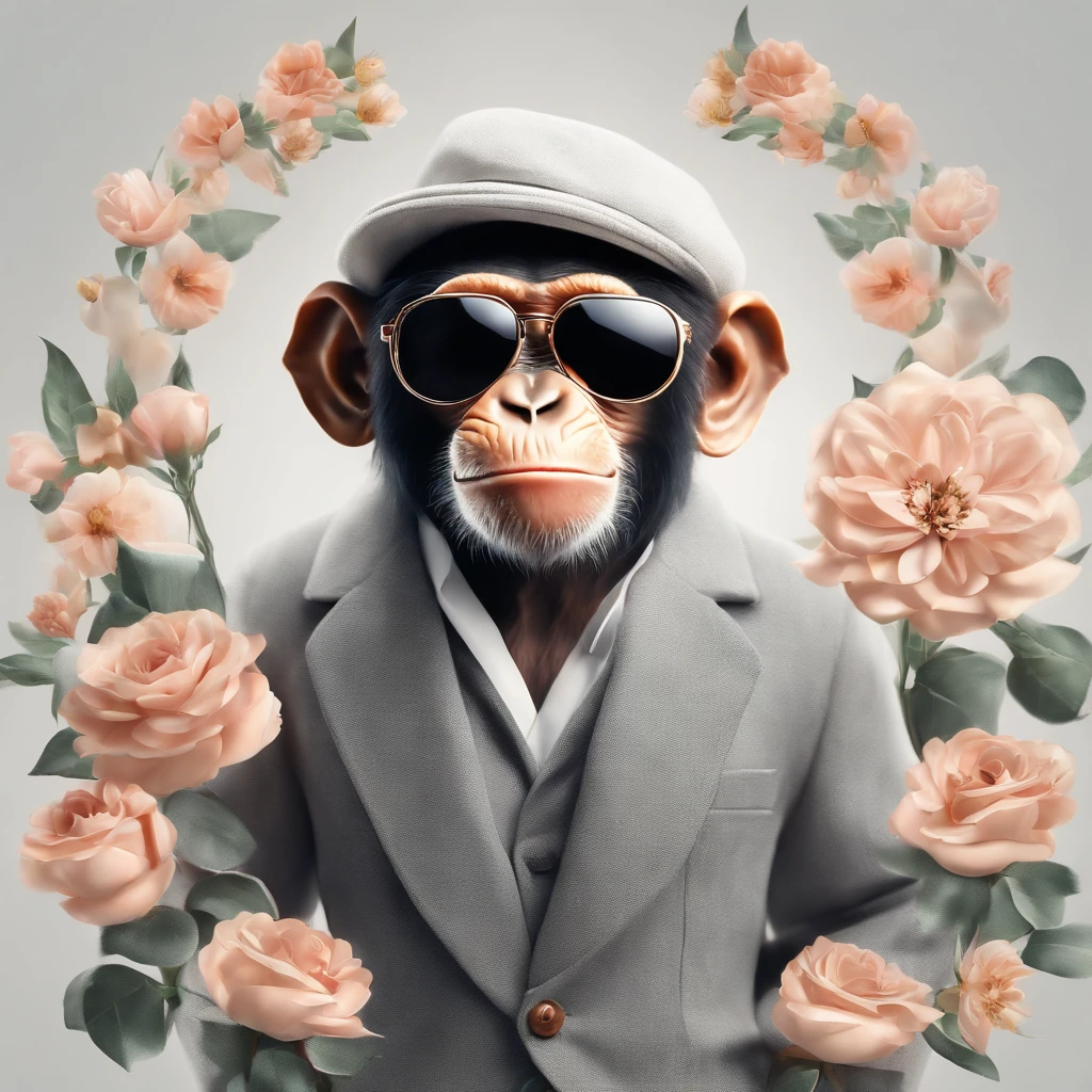 Perfect centring, Cute little chimpanzee, Wearing a jacket，crystal vases，Rose flower, Wearing sunglasses, cheerfulness, Standing position, Abstract beauty, Centered, Looking at the camera, Facing the camera, nearing perfection, Dynamic, Highly detailed, smooth, Sharp focus, 8K, high definition resolution, illustration, Art by Carne Griffiths and Wadim Kashin, White background