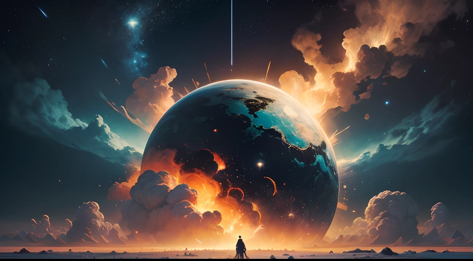 astronauta, Escalando el asteroide, atomic bomb, explosivo, Character representation, Modelo de ultra alta calidad, ethereal background, Belleza abstracta, explosive volumetric, painting oil painting, en estilo Oppenheimer, Arte digital 4K altamente detallado, Estilo de arte Van Gogh, Estilo Van Gogh, inspirado por Vincent Lefevre, Vincent Van Gogh Estilo de Arte, Artistic style of Monet and Da Vinchi, inspirado por Cyllian Murphy, Vincent Van Gogh!!, En la noche estrellada, inspirado por Vincent Di Fate