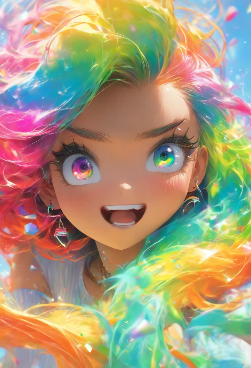 (Pink Fashion T-shirt:1.9),(Colorful hair: 1.8), (all the colours of the rainbow: 1.8),(((((vertical painting:1.6))), (painting:1.6),front, comics, illustrations, paintings, large eyes, crystal clear eyes,( rainbow color gradient high ponytail:1.7), exquisite makeup, closed mouth,(Small Fresh: 1.5),(Wipe Chest: 1.6) ,long eyelashes, white off shoulder T-shirt, White Shoulder Shirt,looking at the audience, large watery eyes, (rainbow colored hair:1.6), color splash, (solo:1.8), color splash, color explosion, thick paint style, messy lines, ((shining)),(colorful), (colorful), (colorful), colorful, Thick Paint Style, (Splash) (Color Splash), Vertical Painting, Upper Body, Paint Splash, Acrylic Pigment, Gradient, Paint, Highest Image Quality, Highest Quality, Masterpiece, Solo, Depth of Field, Face Paint, colorful clothes, (Elegant: 1.2), gorgeous,long hair, wind, (Elegant: 1.3), (Petals: 1.4),(((masterpiece))),(((best quality))),((ultra-detailed)),(illustration),(dynamic angle),((floating)),(paint),((disheveled hair)),(solo),(1girl) , (((detailed anima face))),((beautiful detailed face)),collar,bare shoulders,white hair, ((colorful hair)),((streaked hair)),beautiful detailed eyes,(Gradient color eyes),(((colorful eyes))),(((colorful background))),(((high saturation))),(((surrounded by colorful splashes))),