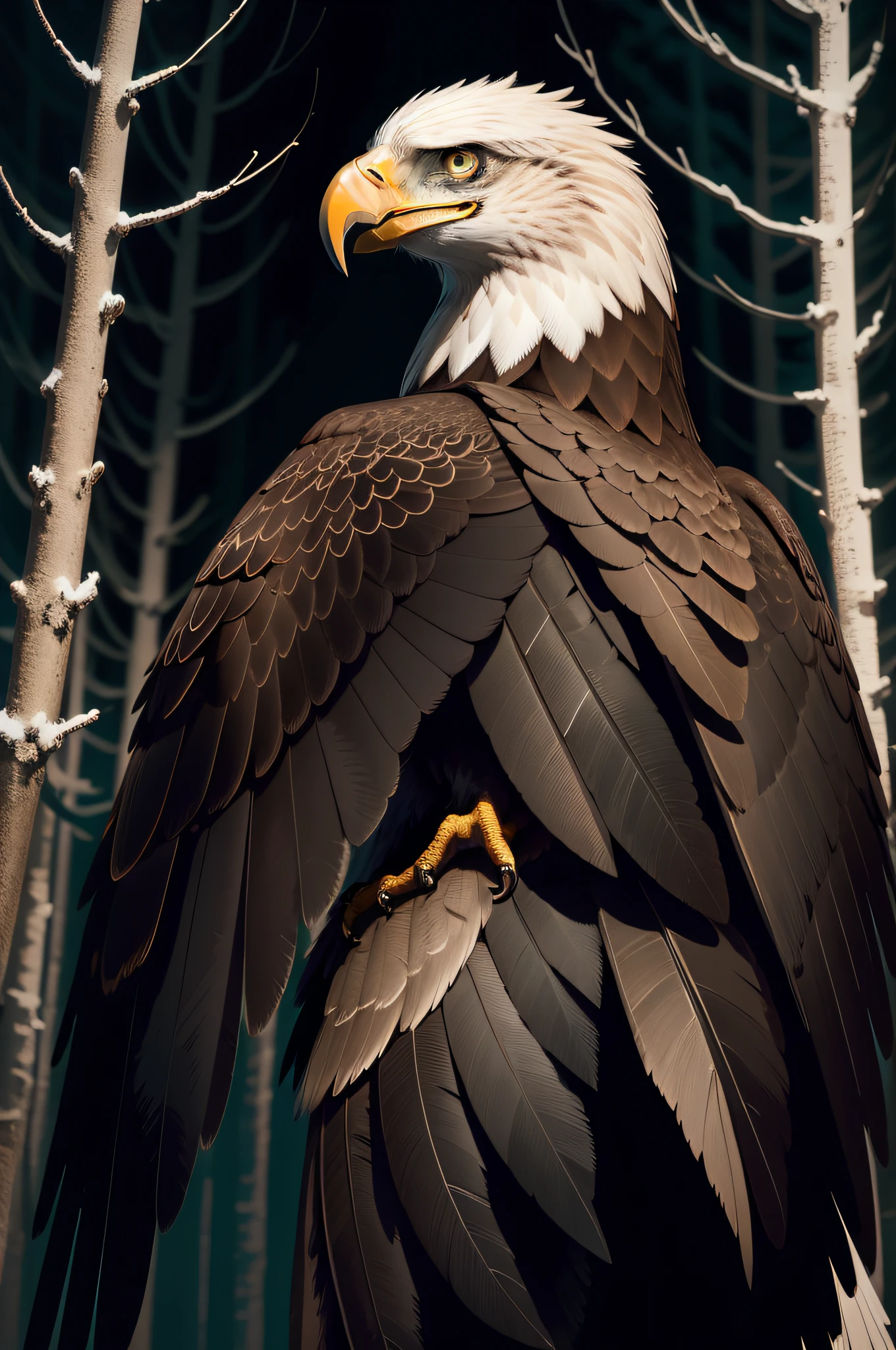 eagle at night, in a dark forest, with dark tones, realistic, black eagle, ultrarealistic