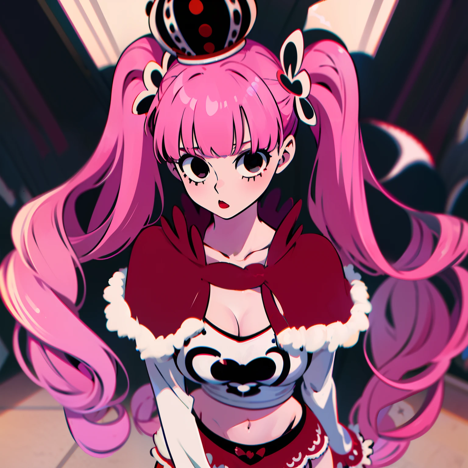 PeronaChan, 1girl, pink hair, black eyes, blunt bangs, drill hair, red lipstick, twintails, crown, black and white stockings, red boots, red capelet, white shirt with sleeves, red skirt, midriff, perfect anatomy, solo, 1girl and 1boy kabedon pov, hands on own chest