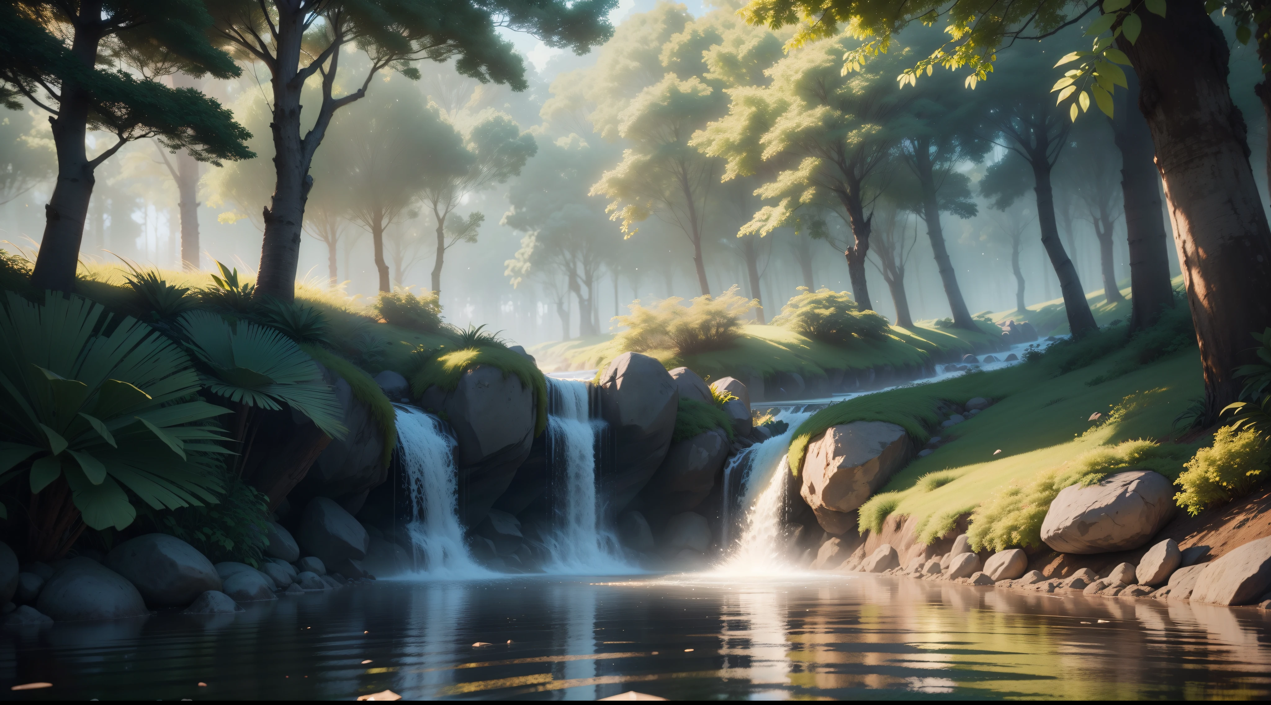 Obra-prima, melhor qualidade, (papel de parede CG 8k muito detalhado), (melhor qualidade), (best illustration), (melhores sombras), sprite brilhante, , lake with drinking water, elementos naturais no tema da floresta . Pequeno casa, como um chale (melhor qualidade). Floresta misteriosa, bela floresta, natureza, cercada por flores, folhas delicadas e galhos cercados por vaga-lumes (elementos naturais), (tema da selva), (folhas), (galhos), (vaga-lumes), (particle effects) etc. 3D , Octane renderização, ray tracing, super detalhado