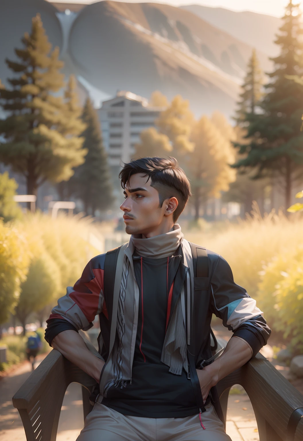 Realistic face,Male pokemon trainer in techwear clothes by ken sugimori