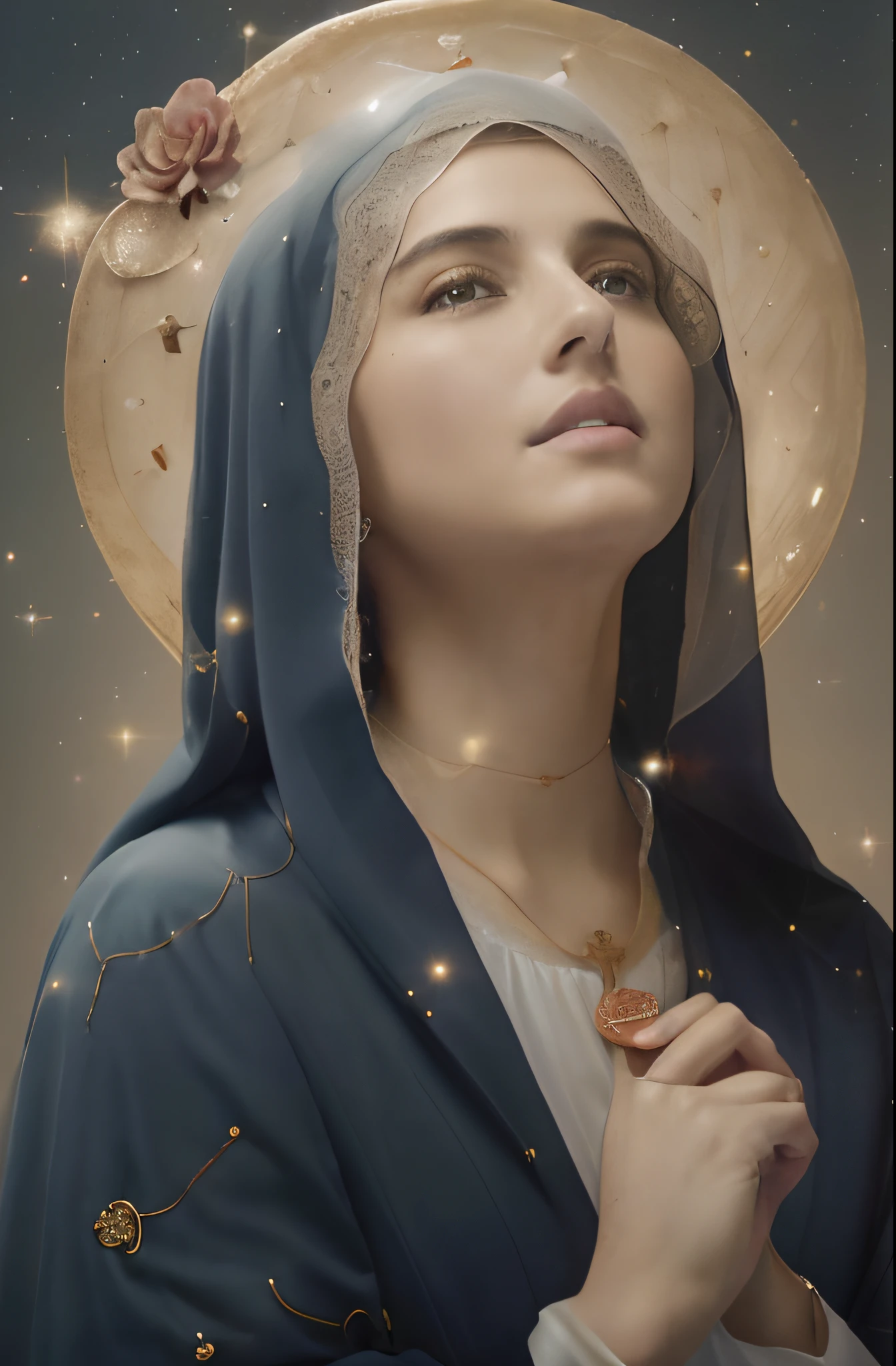 (((Saint Virgin Mary. 19 years olinetic style))) ((( Con una cara seria y piadosa. Con una mirada dulce y tierna))) (obra maestra, calidad superior, mejor calidad, arte oficial, beautiful and aesthetic: 1.2), (1girl), extremadamente detallado, (Arte fractal: 1.3), colorido, highest detailed, Cara perfecta, parte superior del cuerpo, HDR, (orando: 1.3), (golden lines of white coat: 1.2), galaxia, (rayas de luz), eye-catching visuals, (dynamic stripes, senderos luminosos: 1.2), colores vibrantes,