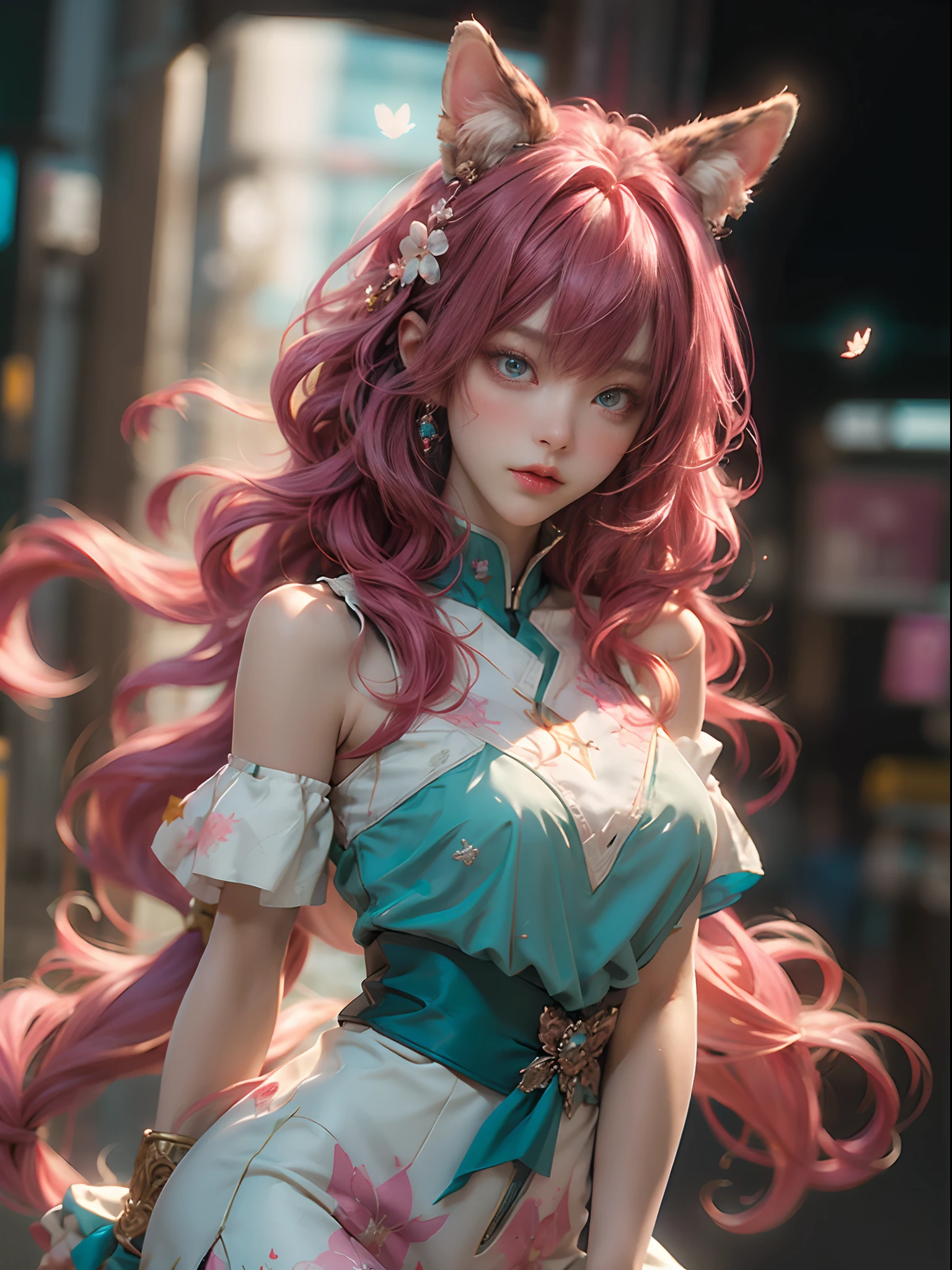 （（best quality), ((masterpiece)), (detail：1.4）， Beautiful cyberpunk female anime catgirl)，hdr（HighDynamicRange），Ray tracing，NVIDIA RTX，Hyper-Resolution，illusory 5，sub surface scattering，PBR textures，post-proces，Anisotropy Filtering，depth of fields，maximum definition and sharpness，Many-Layer Textures，Surface coloring，Mitsu-Accurate simulation of material interactions，perfectly proportioned，rendering by octane，Two-colored light，largeaperture，Low ISO，White balance，Rule three points、8K raw data、Beautiful bright blue pupils，off-the-shoulder clothes，Fine pupils，Delicate face and eyes，long eyelasher，Blushlush，Delicate and fluffy hair，pink lip，Pure，Cute face，Sweet girl，Artistic sense，Casual wear, butterflys，Cherry blossom petal，Beautiful hair accessories，Long hair and waist，Hair fluttering in the wind，Snow-white fox ears，Curly hair is of the best quality, absurderes, Ultra detailed, Dynamic pose, super complex detail, Intricate details, holograph, Cowboy shot, Golden ratio, Super cute girl, Neon light ring, Delicate and beautiful face, Mature girl, Super beautiful asian girl with super beautiful glowing eyes, Super beautiful glowing multicolored hair, Nice sexy body, Slim body, Perfect body, Wear magical underwear, Celestial hair accessories, In the marshmallow world，Close up of a woman in a pink dress and crown, Extremely detailed Artgerm, .High detail, Artistic germ style, Art germ. anime illustration, art-style, artgerm art, Style Artgerm,Artgerm Plat，anime girl with pink hair and cat ears posing for a picture, Guviz, Guviz-style artwork, Extremely detailed Artgerm, Guweiz on ArtStation Pixiv, Guweiz in Pixiv ArtStation, ross tran, trending on cgstation, beautiful anime catgirl, cinematic lighting.