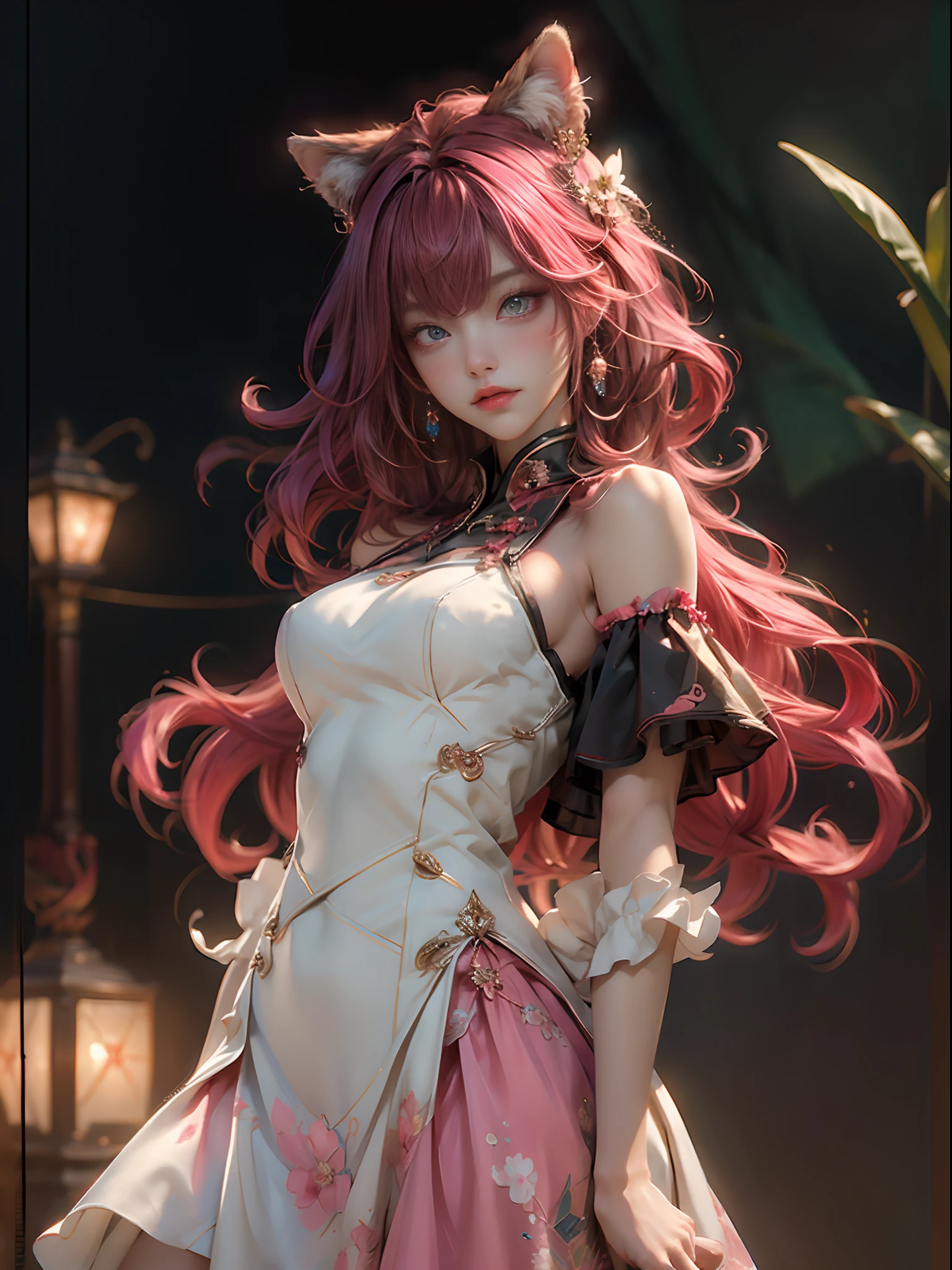 ((best quality), ((masterpiece)), (detail:1.4), Beautiful cyberpunk female anime catgirl),hdr(HighDynamicRange),Ray tracing,NVIDIA RTX,Hyper-Resolution,illusory 5,sub surface scattering,PBR textures,post-proces,Anisotropy Filtering,depth of fields,maximum definition and sharpness,Many-Layer Textures,Surface coloring,Mitsu-Accurate simulation of material interactions,perfectly proportioned,rendering by octane,Two-colored light,largeaperture,Low ISO,White balance,Rule three points、8K raw data、Beautiful bright blue pupils,off-the-shoulder clothes,Fine pupils,Delicate face and eyes,long eyelasher,Blushlush,Delicate and fluffy hair,pink lip,Pure,Cute face,Sweet girl,Artistic sense,Casual wear, butterflys,Cherry blossom petal,Beautiful hair accessories,Long hair and waist,Hair fluttering in the wind,Snow-white fox ears,Curly hair is of the best quality, absurderes, Ultra detailed, Dynamic pose, super complex detail, Intricate details, holograph, Cowboy shot, Golden ratio, Super cute girl, Neon light ring, Delicate and beautiful face, Mature girl, Super beautiful asian girl with super beautiful glowing eyes, Super beautiful glowing multicolored hair, Nice sexy body, Slim body, Perfect body, Wear magical underwear, Celestial hair accessories, In the marshmallow world,Close up of a woman in a pink dress and crown, Extremely detailed Artgerm, .High detail, Artistic germ style, Art germ. anime illustration, art-style, artgerm art, Style Artgerm,Artgerm Plat,anime girl with pink hair and cat ears posing for a picture, Guviz, Guviz-style artwork, Extremely detailed Artgerm, Guweiz on ArtStation Pixiv, Guweiz in Pixiv ArtStation, ross tran, trending on cgstation, beautiful anime catgirl, cinematic lighting.