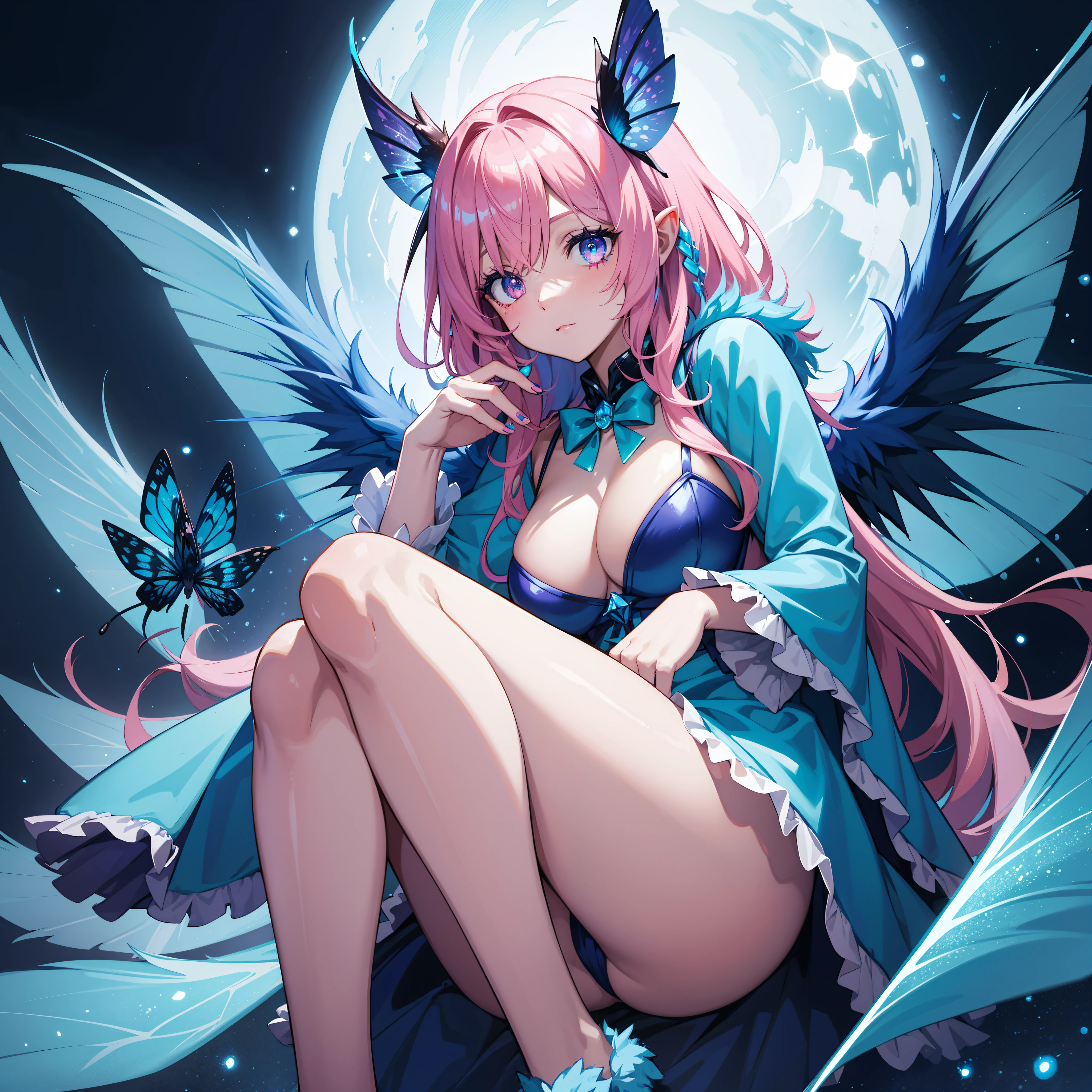 1monster, creature, moth, (glowing blue wings), fluffy blue fur 4feets, glitter traces, no_human pink hair