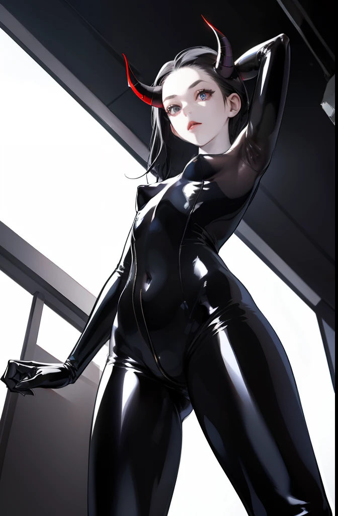 perfect lighting, depth of field 1girl, pale skin, solo, black hair, forehead, small horns pane skin , black latex rubber tight bodysuit, small breast, big beautiful nipples, ((from below))