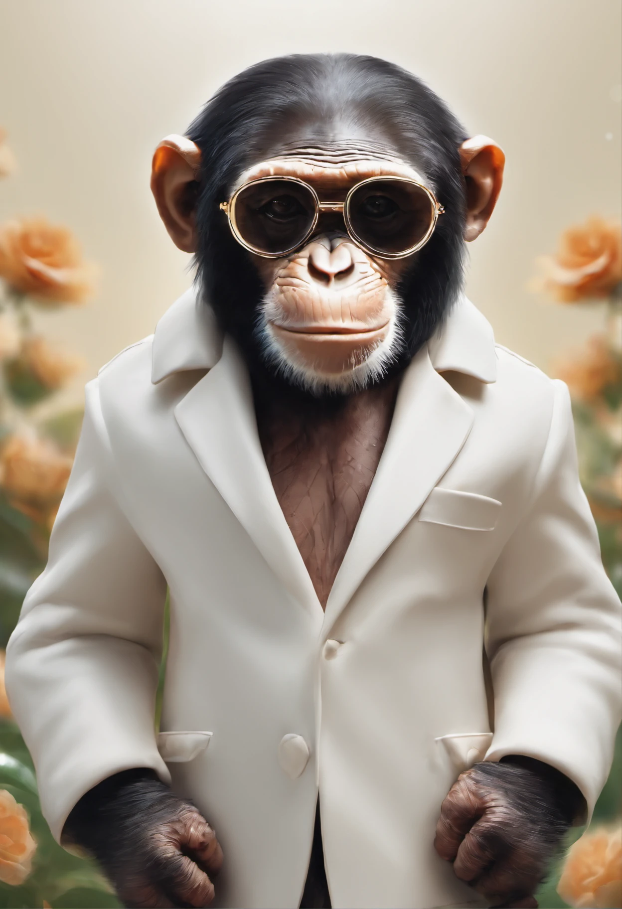 Perfect centring, Cute little chimpanzee, Wearing a jacket,crystal vases,Rose flower, Wearing sunglasses, cheerfulness, Standing position, Abstract beauty, Centered, Looking at the camera, Facing the camera, nearing perfection, Dynamic, Highly detailed, smooth, Sharp focus, 8K, high definition resolution, illustration, Art by Carne Griffiths and Wadim Kashin, White background