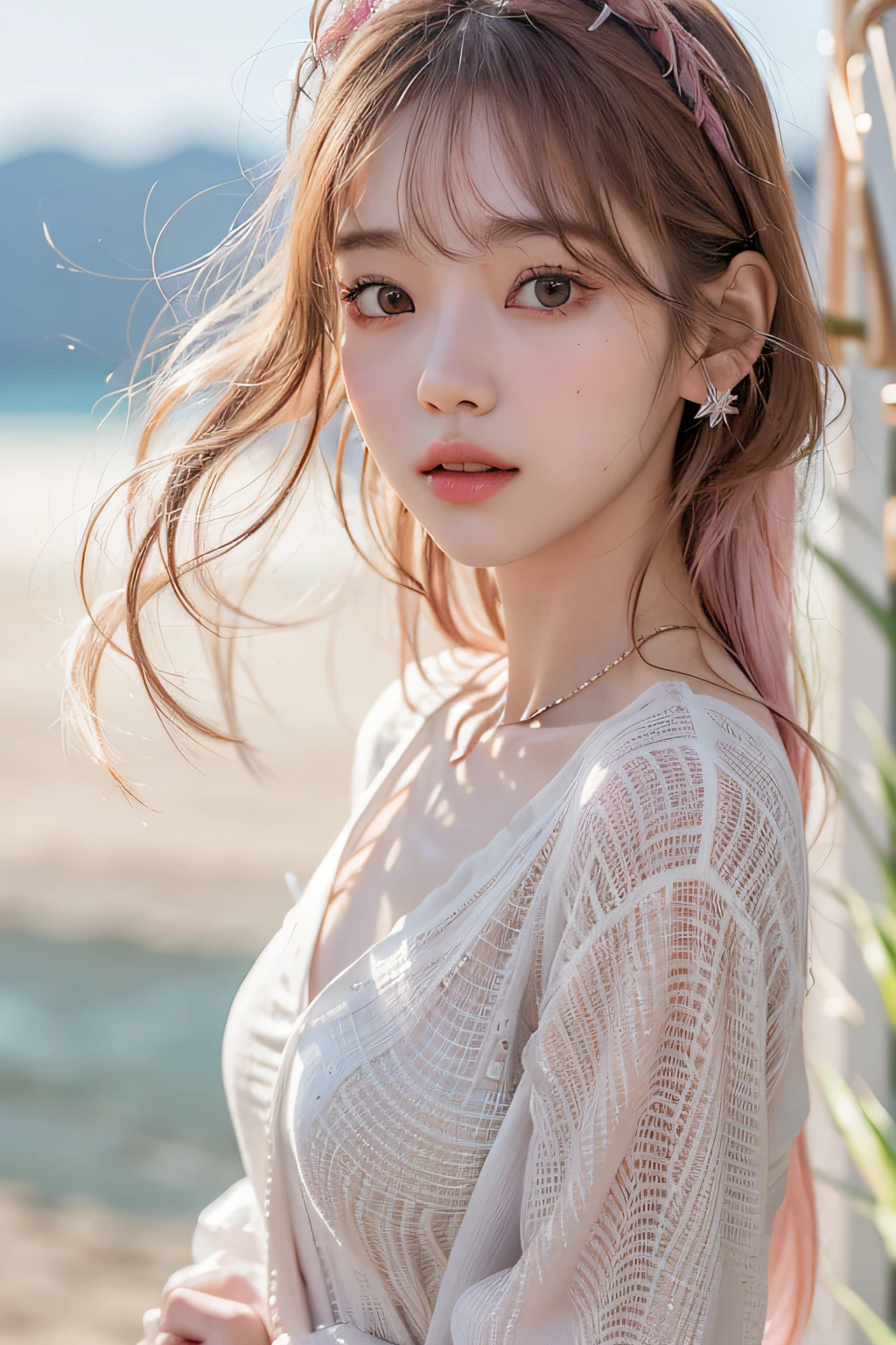 (Best Quality Detail)、realisitic、8K UHD、hight resolution、(1girl in:1.2)、The ultra-detailliert、High quality textures、intricate detailes、ultra-detailliert、Very detailed CG、High quality shadows、Detail Beautiful delicate face、Detail Beautiful delicate eyes、depth of fields、Ray traching、looking at the viewers、in her 20s、Pretty Kpop Girl、(Korean Urzan Face)、Slender face、(ulzzang -6500-v1.1:0.6)、pureerosface_v1、gloweyes、perfectbody、 look at viewr、(Best Quality Detail:1.2)、realisitic、8K UHD、hight resolution、(1girl in:1.2)、The ultra-detailliert、High quality textures、intricate detailes、teak、Glossy lips,(Delicate and best smile)、high-level image quality, The highest image quality, top-quality, Photorealsitic, 4K 8K UHD Full Color RAW Photos, Fuji Film(Medium format), Hasselblad, Carl zeiss, ((Knee shot))、hight resolution, High pixel count, clear details, crisp image, Natural color reproduction, Noise Reduction, High fidelity, qulity, Optimized algorithms, Pro-level retouching,(Long straight pink hair)、Description beautiful delicate hair、White dress under white cardigan、Moe Sleeve、a necklace、bare-legged、the beach、sand beach、(Delicate and best smile)、Sunnyday、Delicate sky、the setting sun
