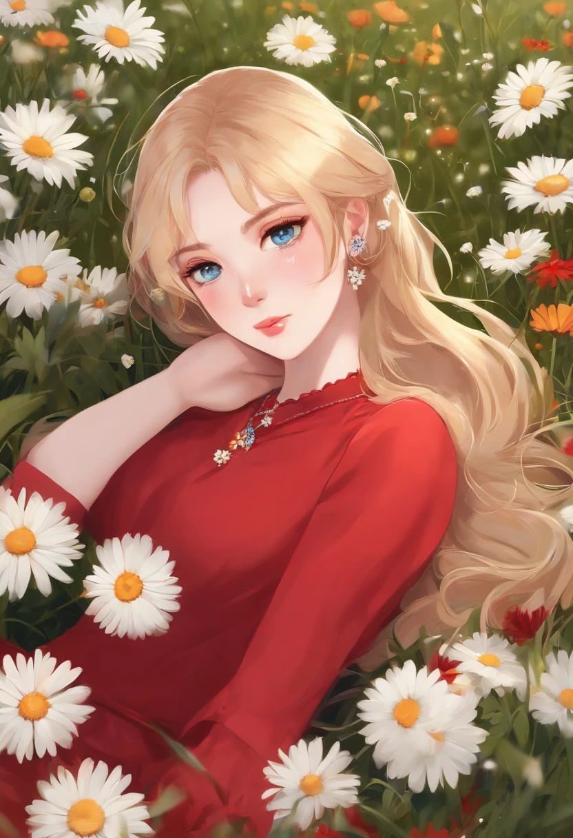 1girl lying, in a field of flowers, red dress, white flower, earrings, looking at viewer, blue eyes, red ribbon, necklace, long sleeves, blonde hair, short hair, daisy