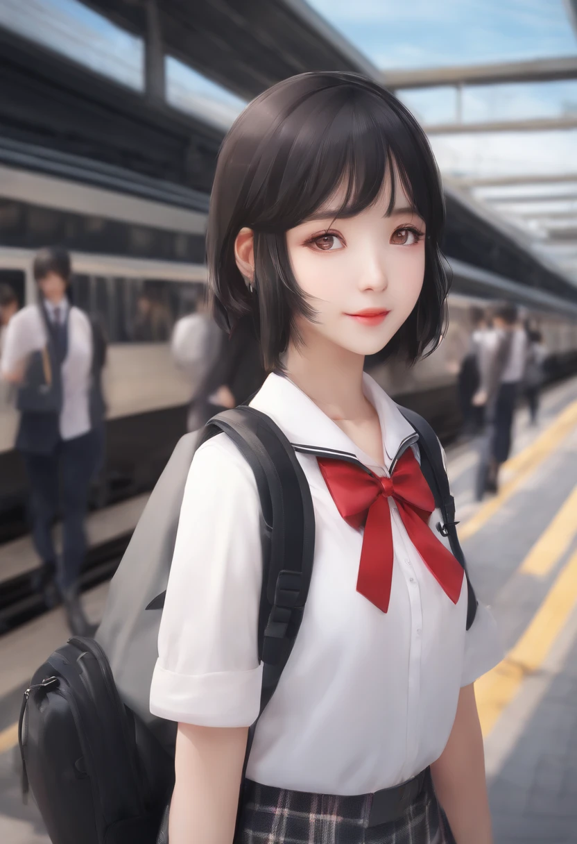 black border, dynamic angle, masterpiece, best quality, 1girl, solo focus ,school uniform, black hair, upper body, short hair, serafuku, train station, school bag, crowd, depth of field