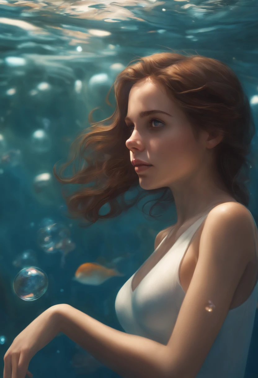 foreshortening, depth of field, masterpiece, best quality, 1girl, brown hair, brown eyes, long hair, underwater, air bubble, solo, looking at viewer, school swimsuit, swimming, dappled sunlight,