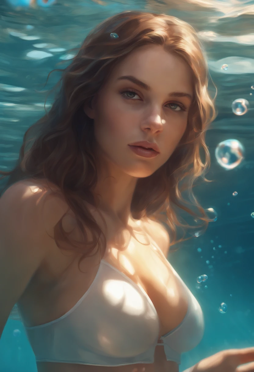 foreshortening, depth of field, masterpiece, best quality, 1girl, brown hair, brown eyes, long hair, underwater, air bubble, solo, looking at viewer, school swimsuit, swimming, dappled sunlight,