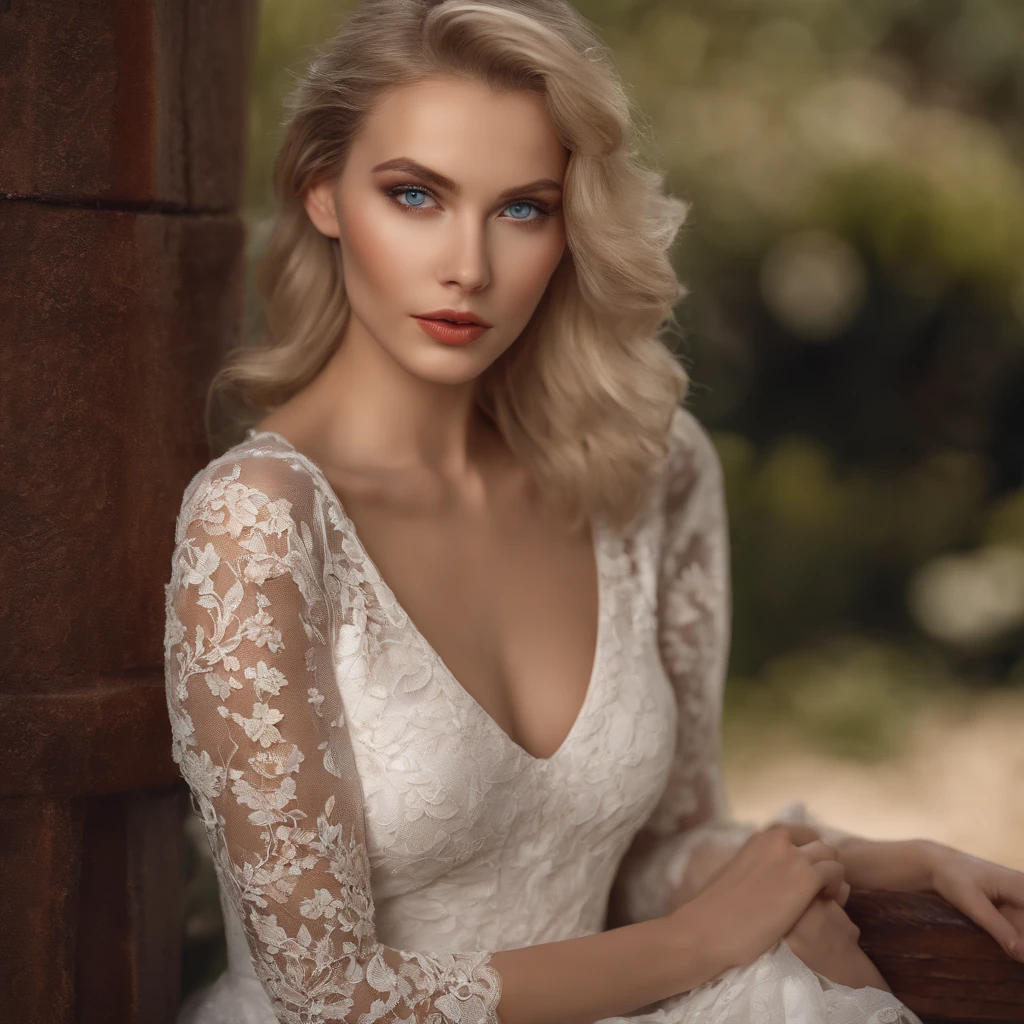 An ultra-detailed woman, a model, blonde hair, short hair, ultra-detailed hair, blue eyes, ultra-detailed eyes, perfect face, realistic face, sharp face, Wearing a dress, lace dress, v-neck, pale skin, realistic skin, model pose expression, celebrity pose, short dress, ultra detailed dress, red lace dress, In a garden, ultra-detailed garden, Curved legs, Ultra realistic, ultra detailed, ultra FULL HD, 8k, wallpaper quality, 8k quality, maximum,