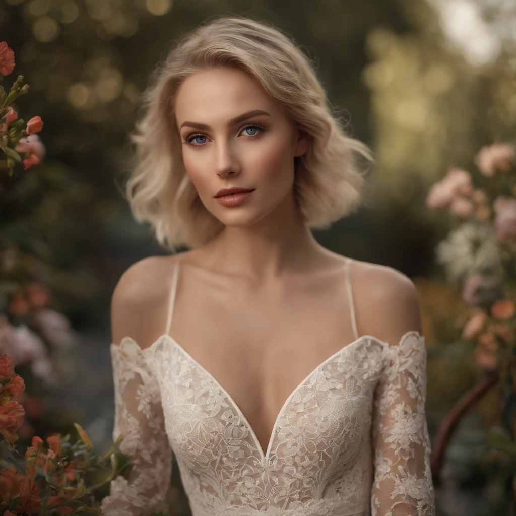 An ultra-detailed woman, a model, blonde hair, short hair, ultra-detailed hair, blue eyes, ultra-detailed eyes, perfect face, realistic face, sharp face, Wearing a dress, lace dress, v-neck, pale skin, realistic skin, model pose expression, celebrity pose, short dress, ultra detailed dress, red lace dress, In a garden, ultra-detailed garden, Curved legs, Ultra realistic, ultra detailed, ultra FULL HD, 8k, wallpaper quality, 8k quality, maximum,