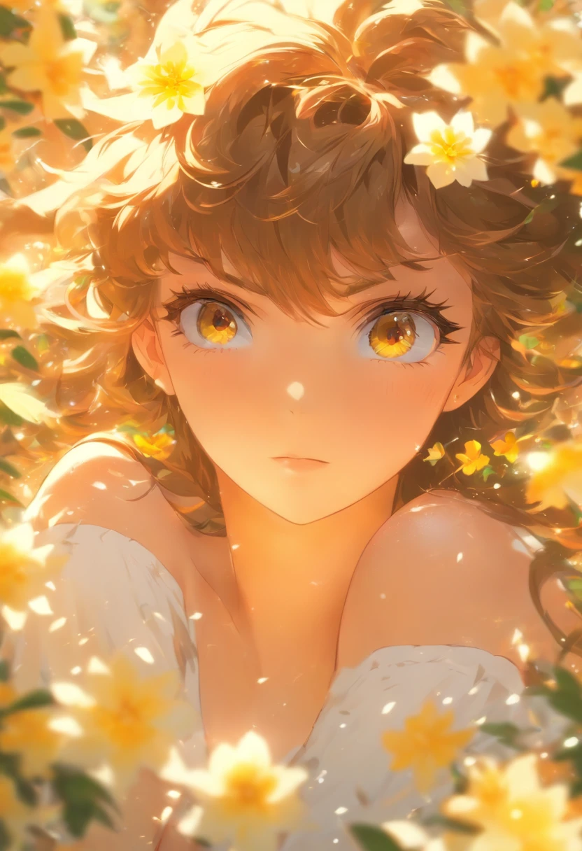 Depth of field, Masterpiece, Best quality, 1girll, Solo, Brown hair, view the viewer, Yellow eyes, Upper body, White shirt, Breasts, off-the-shoulder shirts,Lots of white flowers, leafs, blurryforeground, choker necklace, Sunlight