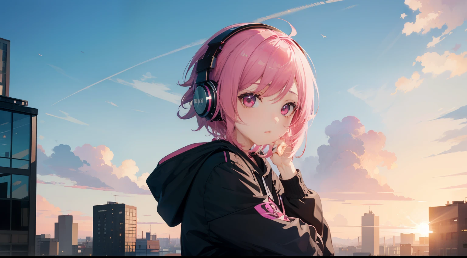 masterpiece、top-quality、Movie stills、1girl in、gotou hitori, gotou1,animesque、Pink shorthair、Pink hair、eyes large、singers、illustratio、Black hoodie、microphone、headphones、kawaii、Large grasslands、Sunset in the city(Spark:0.7)、Background like Makoto Shinkai