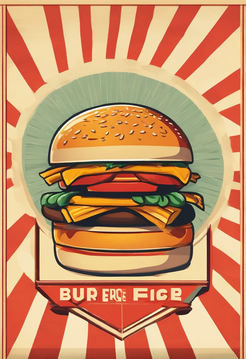 A poster of a burger and fries, with the burger in the middle of the frame taking up a third of the image and the fries on the side. The poster shows retro colours. Flat vector illustration