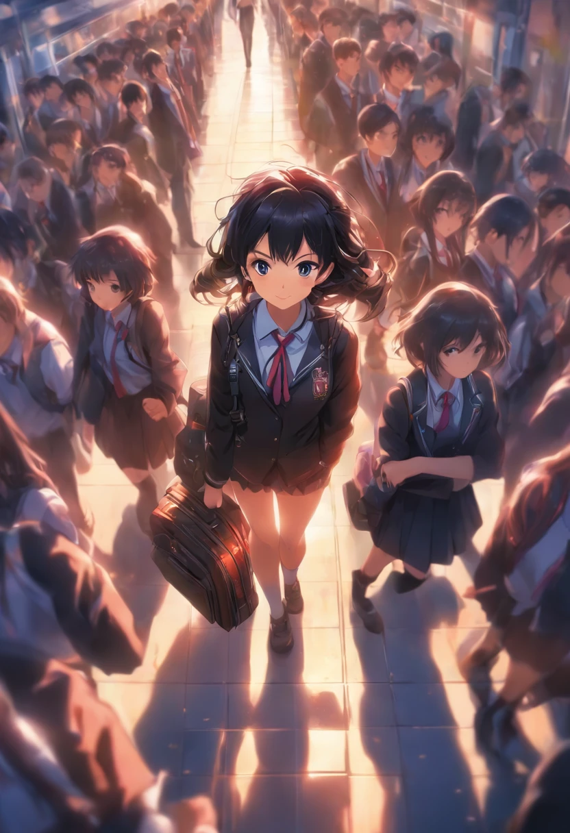 black border, Dynamic Angle, Masterpiece, Best quality, 1girll, solofocus ,school uniform, Black hair, Upper body, Short hair, serafuku, Train station, bookbag, crowd, Depth of field