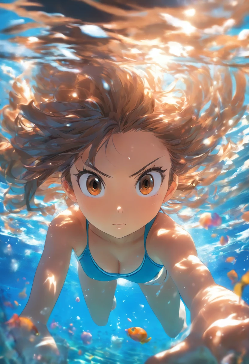 foreshortening, Depth of field, Masterpiece, Best quality, 1girll, Brown hair, Brown eyes, Long hair, Underwater, airbubble, Solo, view the viewer, School swim wear, Swimming, Dappled sunlight,