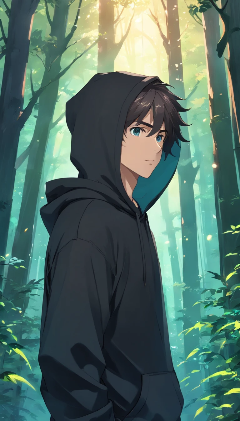 handsome male college student in black hoodie, grey eyes, standing in mystical enchanted forest, apprehensive, anime style
