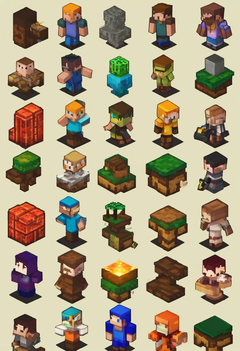 my world,some tools,game props,icon,rich colors,pixel art,minecraft, block stitching,c4d,OC rendering,solid background --niji 5