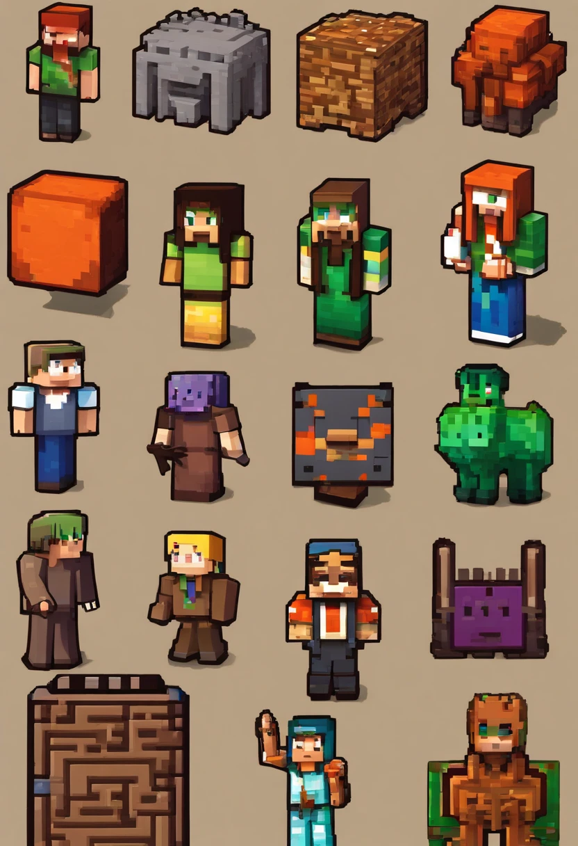my world,some tools,game props,icon,rich colors,pixel art,minecraft, block stitching,c4d,OC rendering,solid background --niji 5