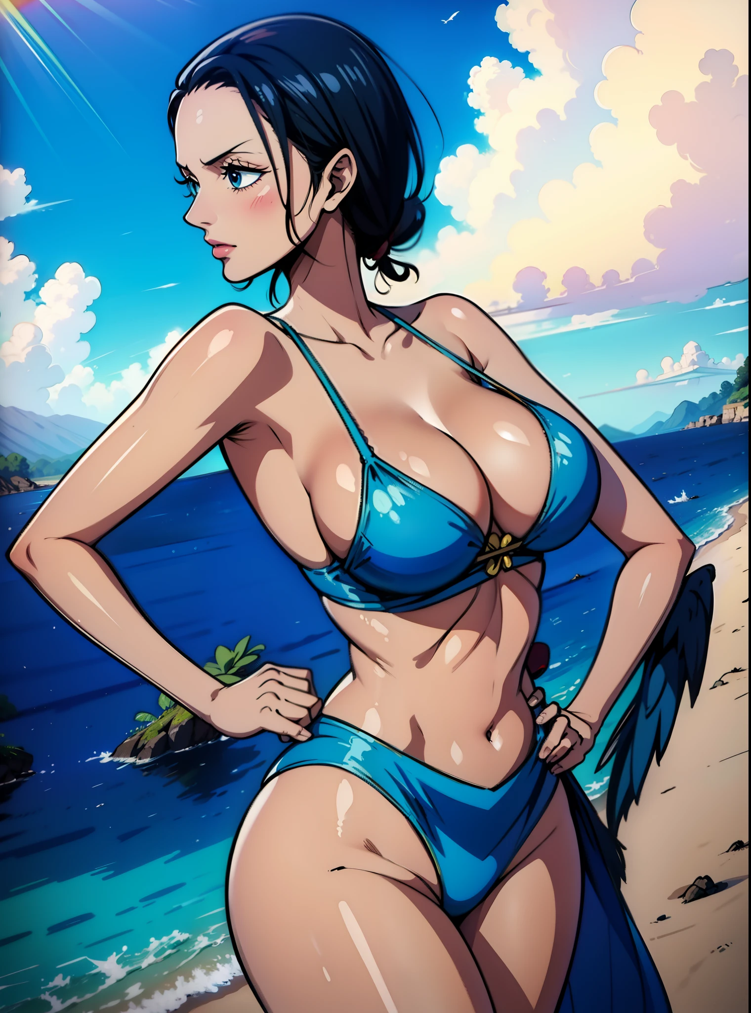 Nico robin , one piece, biquini azul , figura perfeita, postura sexy, pele clara, bunda gigante, peitos gigates