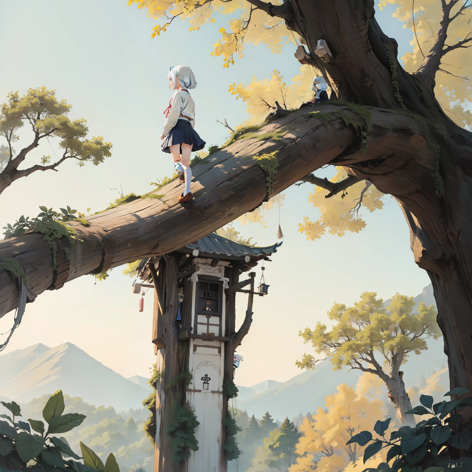 （Stand on an ultra-giant tree 1.2），one-girl，,elementary student，独奏, (with short white hair:1.2),