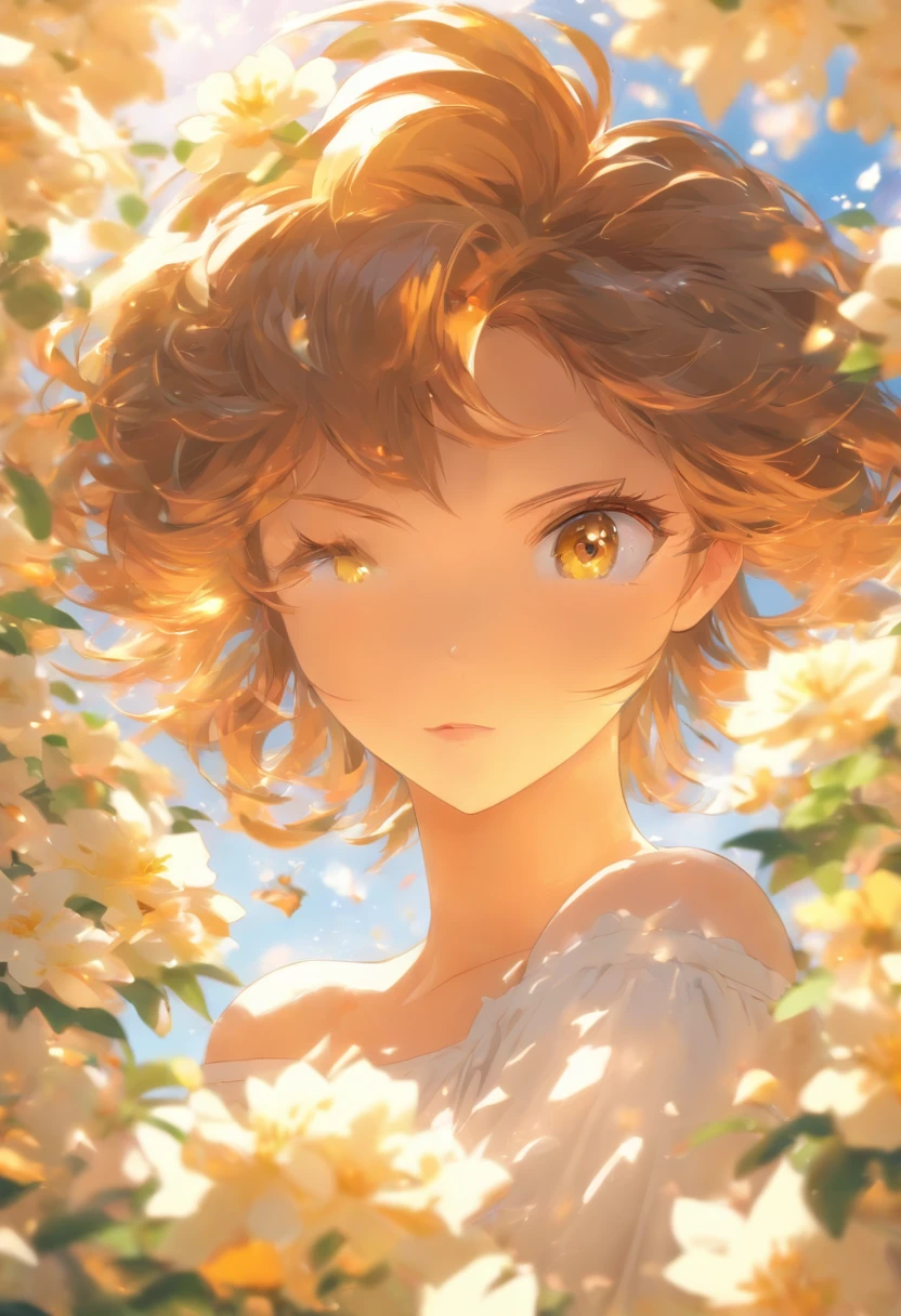 Depth of field, Masterpiece, Best quality, 1girll, Solo, Brown hair, view the viewer, Yellow eyes, Upper body, White shirt, Breasts, off-the-shoulder shirts,Lots of white flowers, leafs, blurryforeground, choker necklace, Sunlight