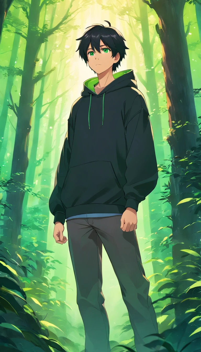 handsome male college student in black hoodie, black hair, green eyes, standing in mystical enchanted forest, apprehensive, anime style