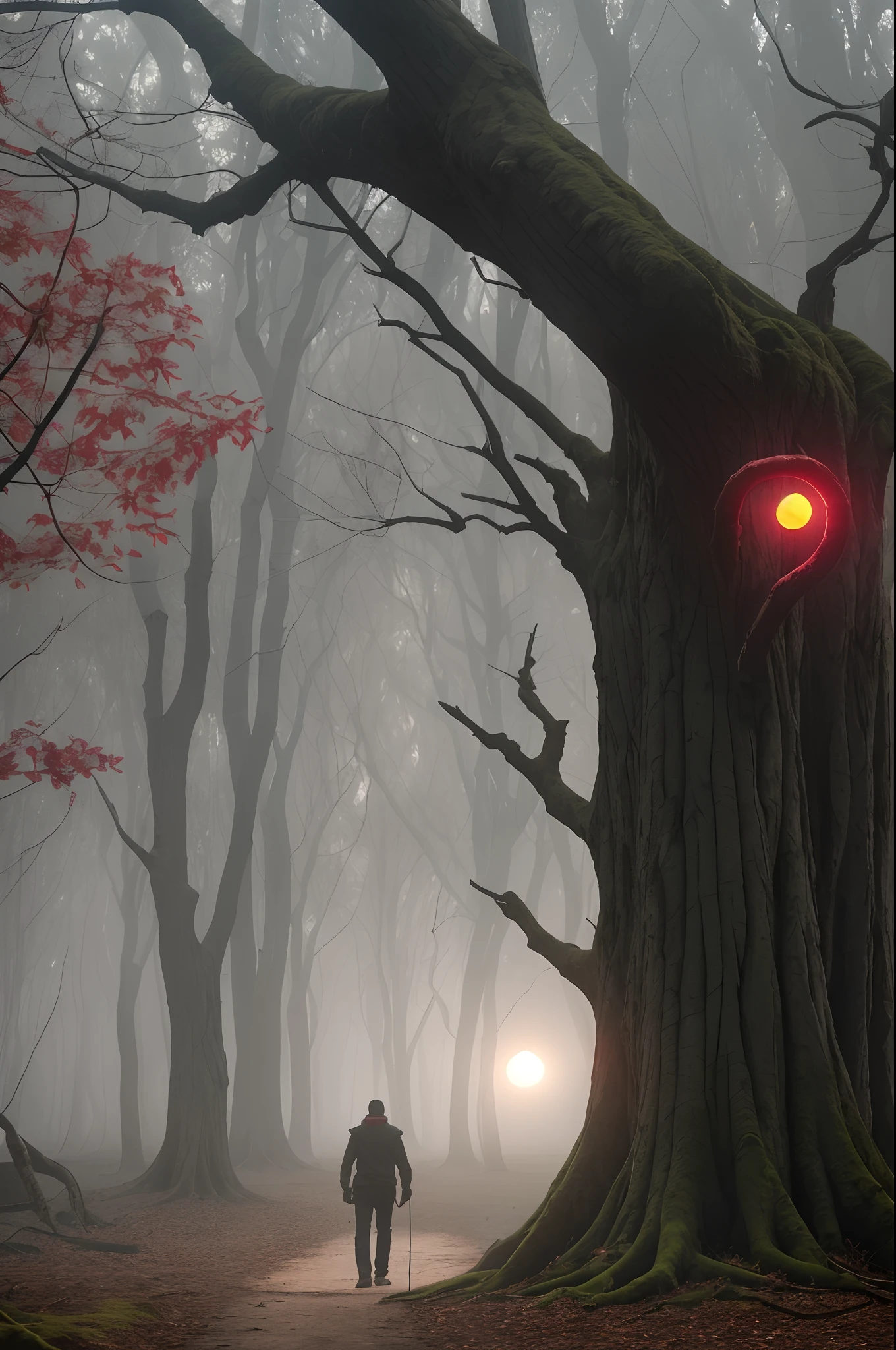 A dimly lit, mist-shrouded forest at night. The moon hangs low in the sky, casting a pale, eerie glow on gnarled trees with twisted branches. The forest floor is covered in thick fog, obscuring everything beyond a few feet. In the center of the image, a frightened person is shown, illuminated by a faint, cold light, frantically trying to escape from a shadowy, monstrous figure with glowing red eyes lurking just behind them. The scene is filled with an overwhelming sense of dread and isolation. This image should help set the mood for the terrifying scene I described earlier. --auto --s2