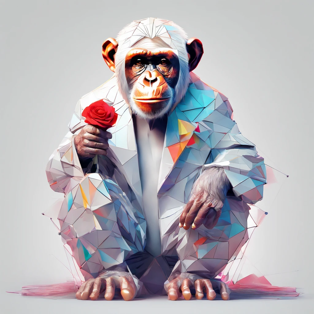 Perfect centring, Cute little chimpanzee, Wearing a jacket,crystal vases,Rose flower, Wearing sunglasses, cheerfulness, Standing position, Abstract beauty, Centered, Looking at the camera, Facing the camera, nearing perfection, Dynamic, Highly detailed, smooth, Sharp focus, 8K, high definition resolution, illustration, Art by Carne Griffiths and Wadim Kashin, White background