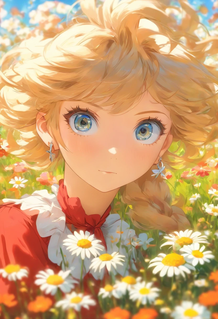 1 The girl lies, in a field of flowers, Red dress, flor branca, Earrings, view the viewer, Blue eyes, Red ribbon, necklace, Long sleeves, Blonde hair, Short hair, Daisies