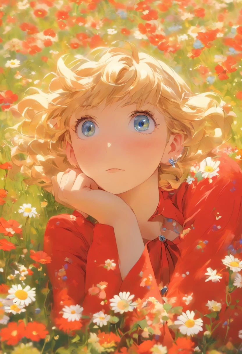 1 The girl lies, in a field of flowers, Red dress, flor branca, Earrings, view the viewer, Blue eyes, Red ribbon, necklace, Long sleeves, Blonde hair, Short hair, Daisies