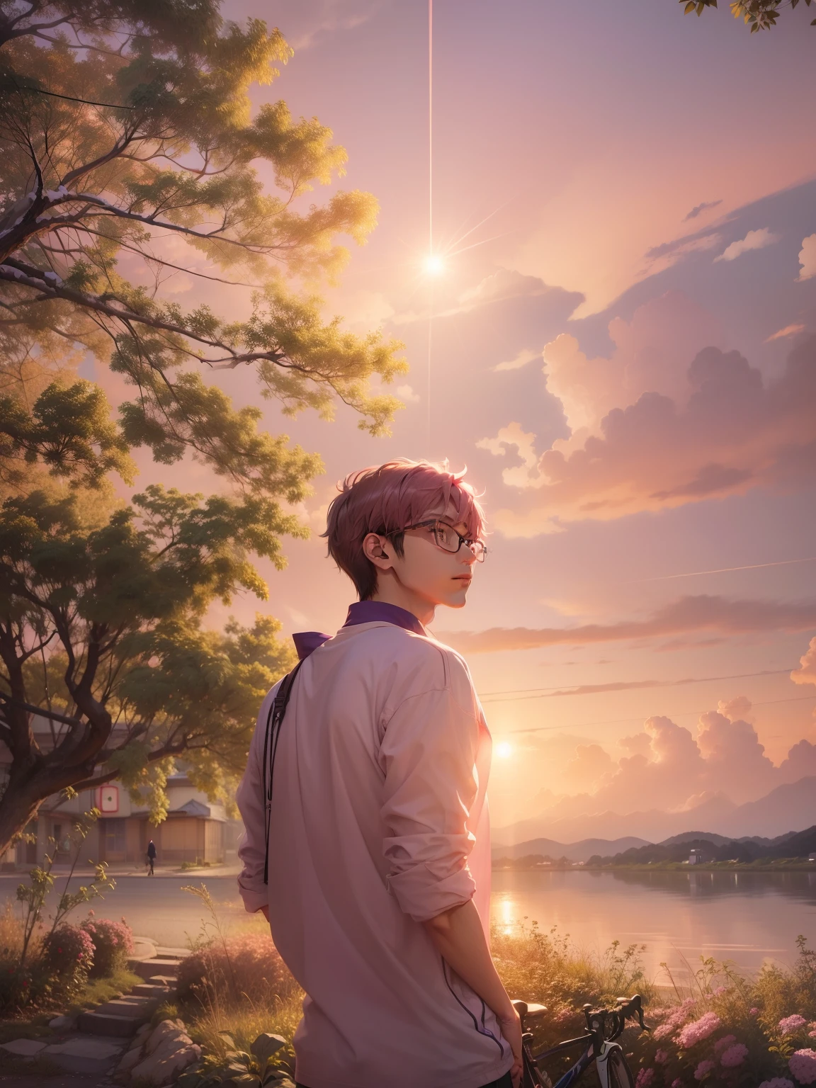 Face realistic, Skinny Anime boy, glasses, listening to music in cycle in the street of rural japan  city, wide angle, anime boy, sunset, relaxed, pink and urplestarts, soft light