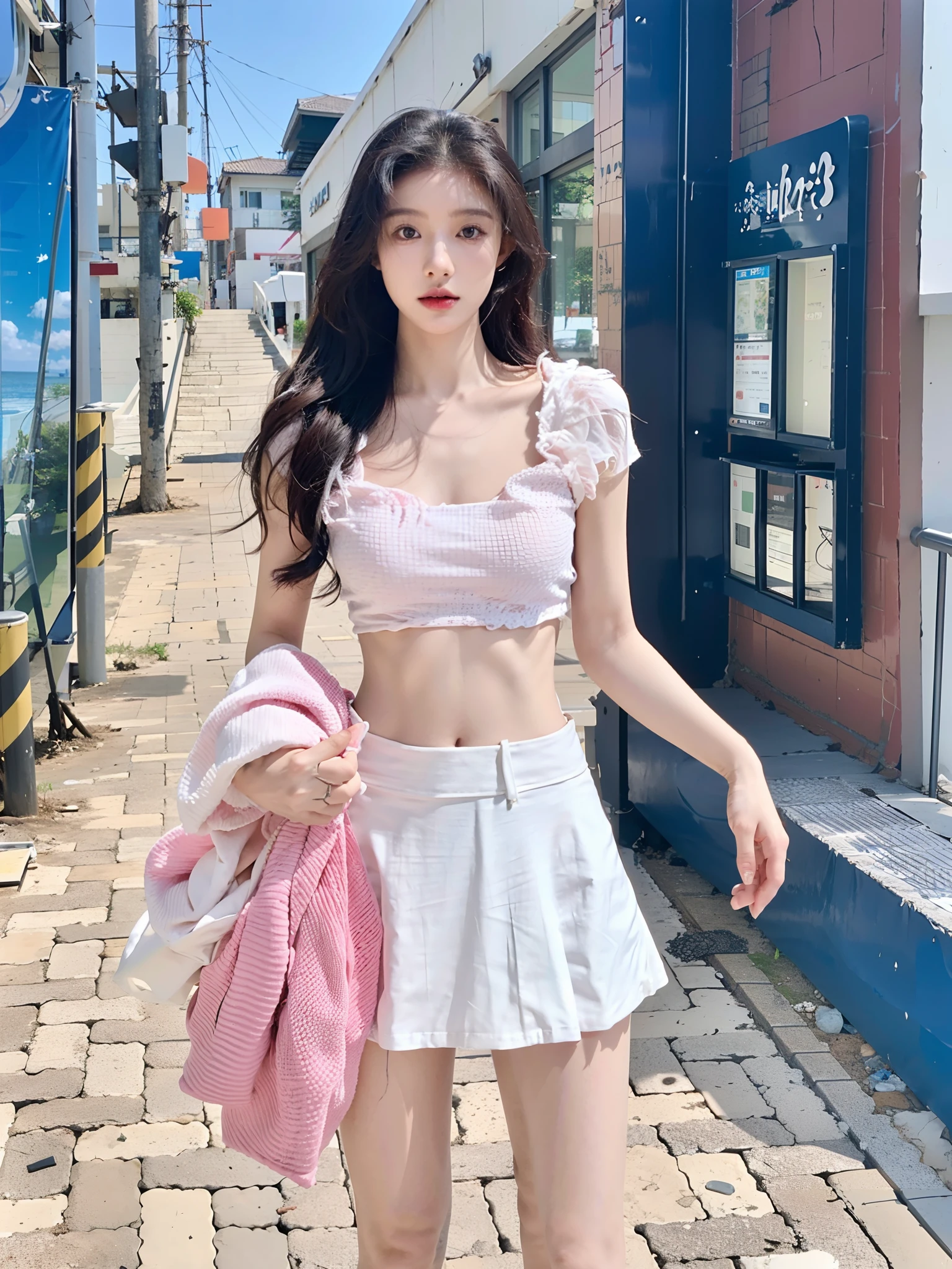 Arakfi Asian woman in white dress and pink jacket, wearing two - piece swimsuit, white skirt and barechest, white puffy outfit, wearing white skirt, wearing crop top and miniskirt, ulzzangs, white trendy clothes, White miniskirt, Open V chest clothes, Korean girl, white and light-pink outfit, white high waisted swimsuit