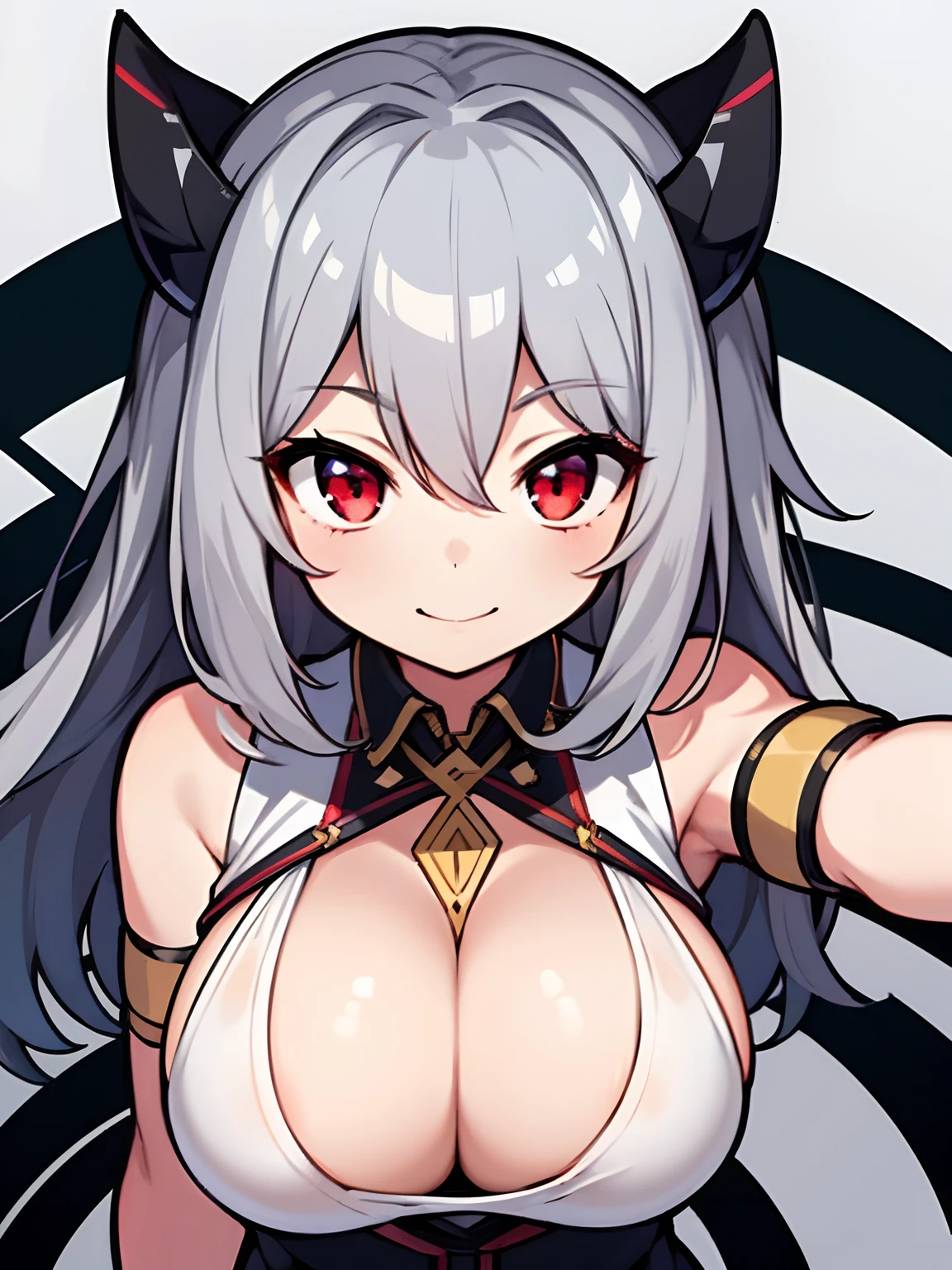 1girl, solo, tsurime, smiling, dynamic pose, grey hair, red eyes, big boobs, cleavage visible