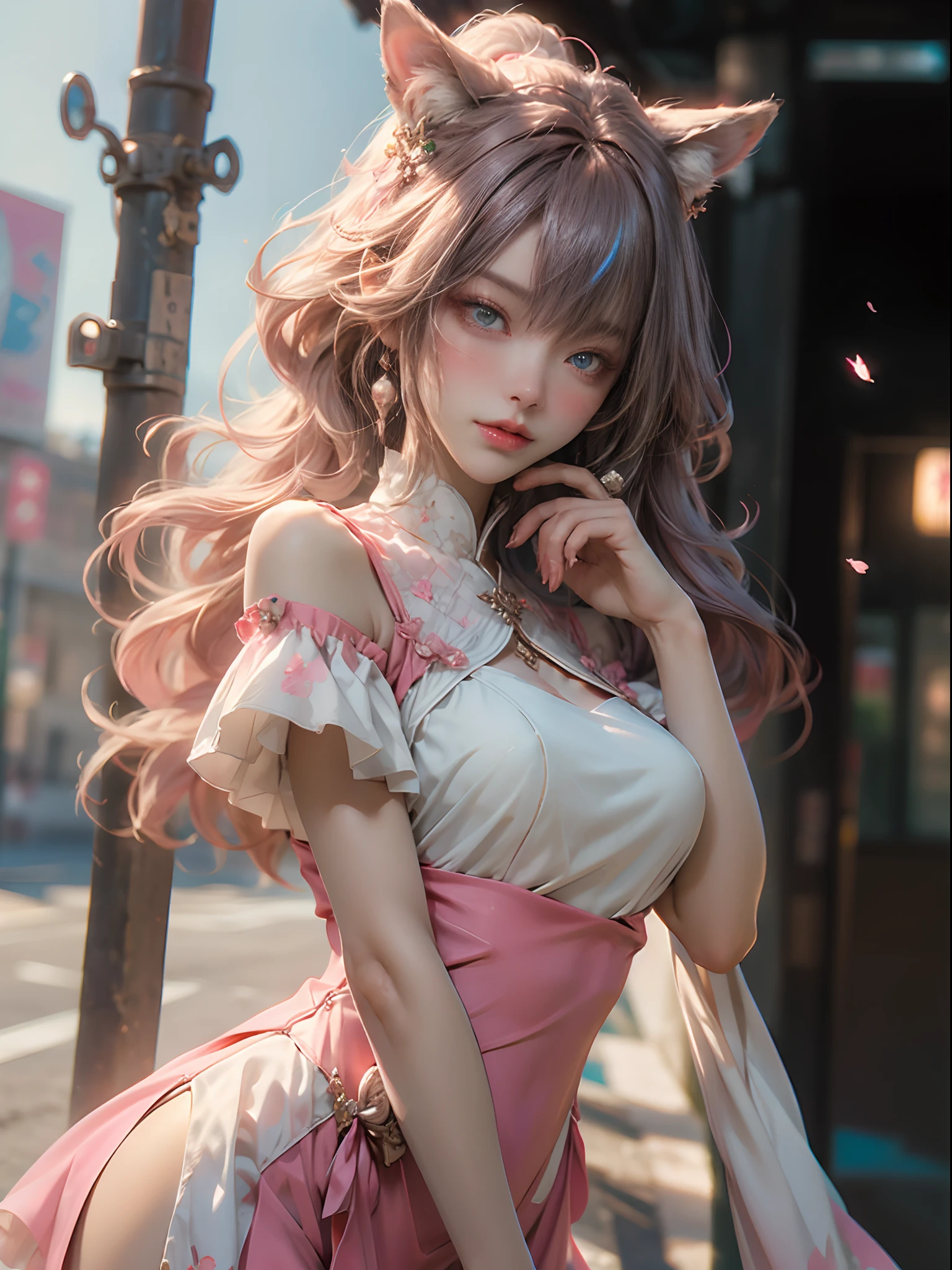 ((best quality), ((masterpiece)), (detail:1.4), Beautiful cyberpunk female anime catgirl),hdr(HighDynamicRange),Ray tracing,NVIDIA RTX,Hyper-Resolution,illusory 5,sub surface scattering,PBR textures,post-proces,Anisotropy Filtering,depth of fields,maximum definition and sharpness,Many-Layer Textures,Surface coloring,Mitsu-Accurate simulation of material interactions,perfectly proportioned,rendering by octane,Two-colored light,largeaperture,Low ISO,White balance,Rule three points、8K raw data、Beautiful bright blue pupils,off-the-shoulder clothes,Fine pupils,Delicate face and eyes,long eyelasher,Blushlush,Delicate and fluffy hair,pink lip,Pure,Cute face,Sweet girl,Artistic sense,Casual wear, butterflys,Cherry blossom petal,Beautiful hair accessories,Long hair and waist,Hair fluttering in the wind,Snow-white fox ears,Curly hair is of the best quality, absurderes, Ultra detailed, Dynamic pose, super complex detail, Intricate details, holograph, Cowboy shot, Golden ratio, Super cute girl, Neon light ring, Delicate and beautiful face, Mature girl, Super beautiful asian girl with super beautiful glowing eyes, Super beautiful glowing multicolored hair, Nice sexy body, Slim body, Perfect body, Wear magical underwear, Celestial hair accessories, In the marshmallow world,Close up of a woman in a pink dress and crown, Extremely detailed Artgerm, .High detail, Artistic germ style, Art germ. anime illustration, art-style, artgerm art, Style Artgerm,Artgerm Plat,anime girl with pink hair and cat ears posing for a picture, Guviz, Guviz-style artwork, Extremely detailed Artgerm, Guweiz on ArtStation Pixiv, Guweiz in Pixiv ArtStation, ross tran, trending on cgstation, beautiful anime catgirl, cinematic lighting.