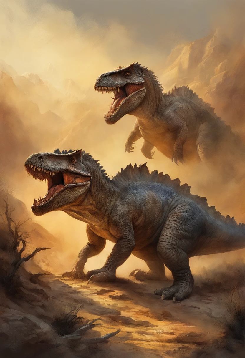 extremamente detalhados, obra-prima, great quality, imagem em CG ultra detalhada, perfect  lighting, Sombras realistas, epic scene, dinossauros poderosos transportando lobos, dramatic sky, cores vibrantes.