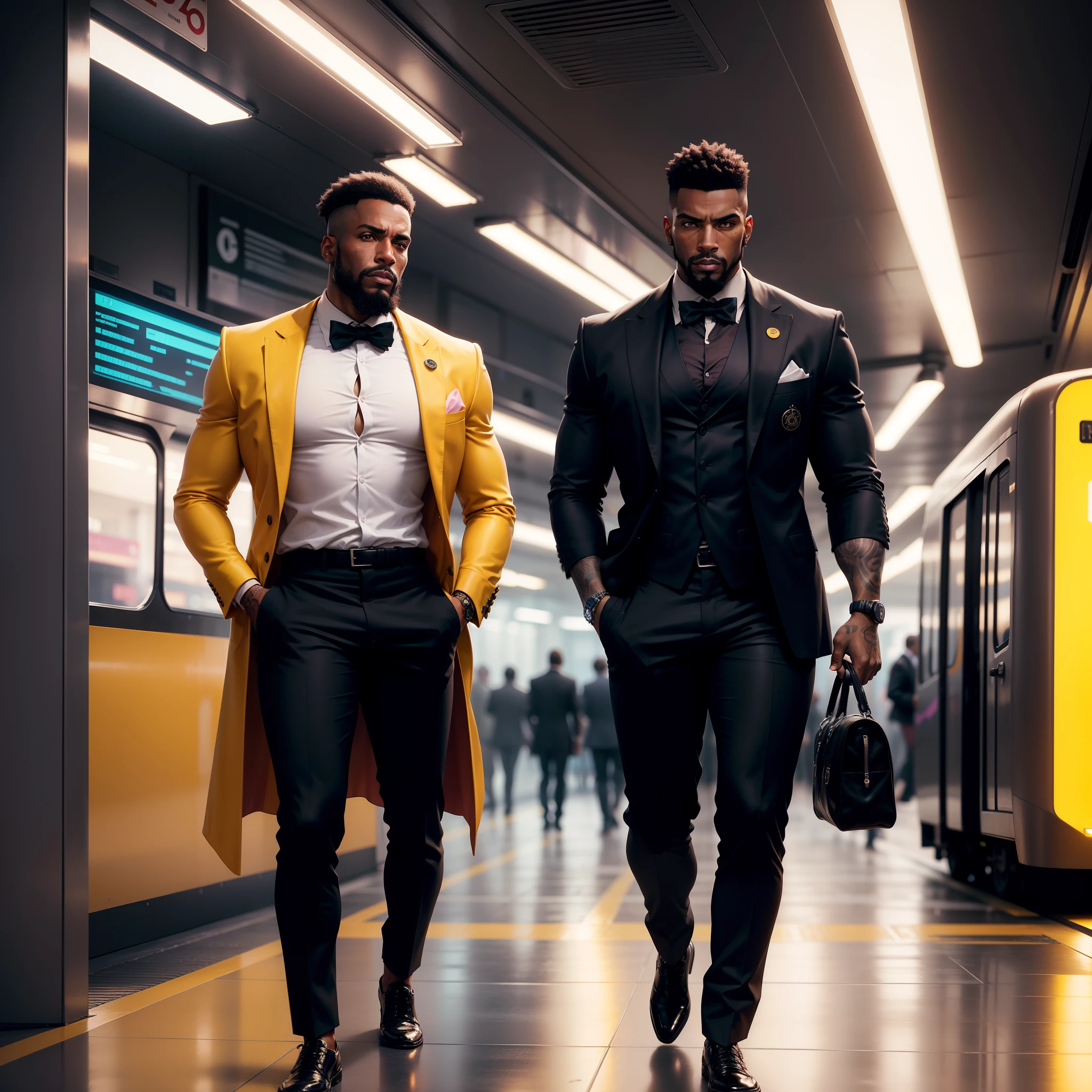 I'd like a cyberpunk style image in 4k average photo of two black characters ,40 anos de idade,,africano, forte, musculoso, de pele negra ,barba grande,barba, Estiloso Barbon,com cabelo punk estilo anos 80 na cor amarelo e cinza escuro,muito eLegante,, futurista e estiloso neon , com uma tatuagem super colorida e com neon ,Toattoo, facing a metro station on the platform , with station lights failing in a dimly lit environment, standing dressed in a dark yellow suit with a pink bow tie and baggy shirt.